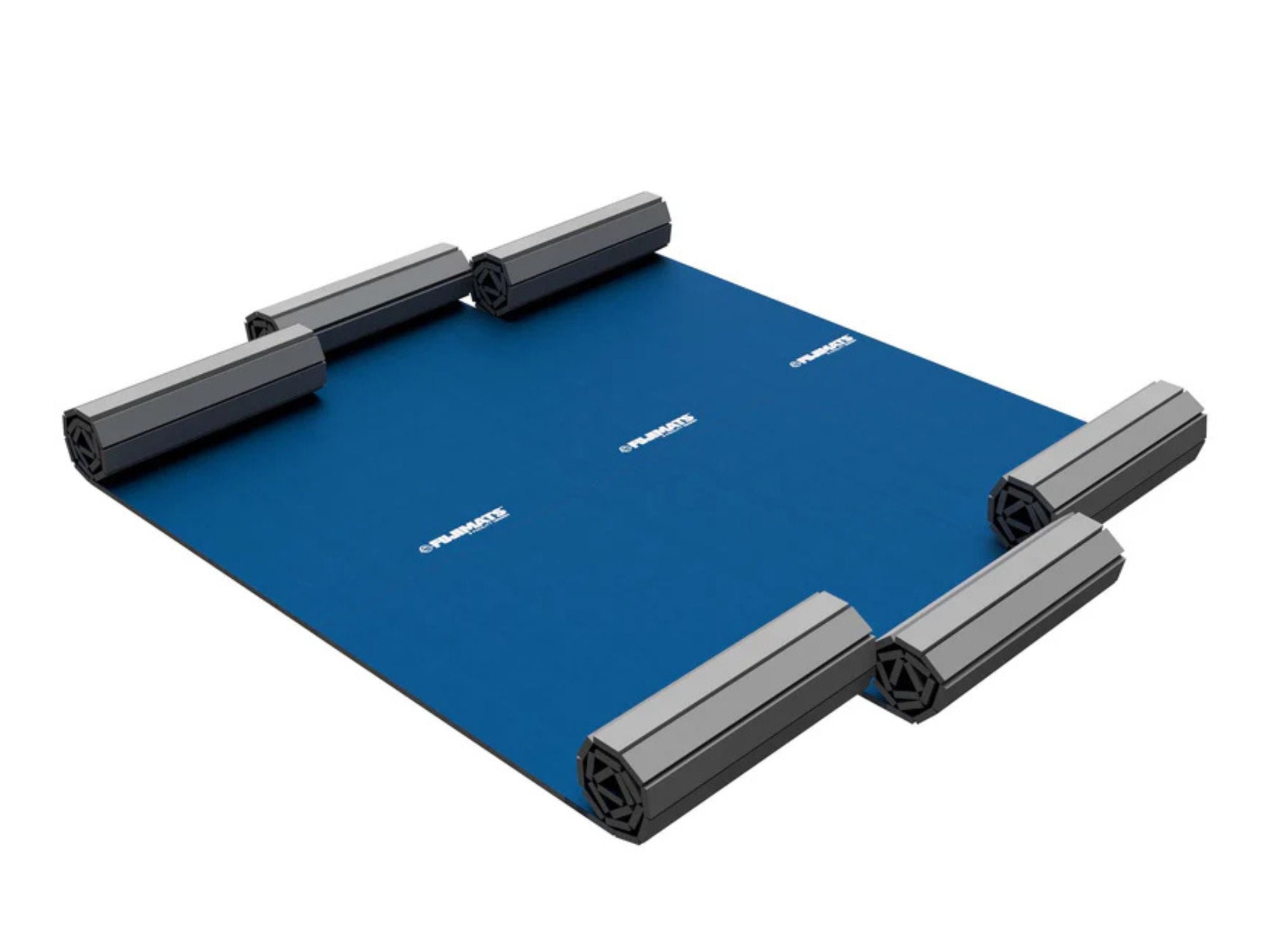 The Home Roll Out Mat Tatami Series Blue is a blue rectangular mat featuring six cylindrical gray rollers—three per side—and displays the Gymnastik logo in white at three locations.