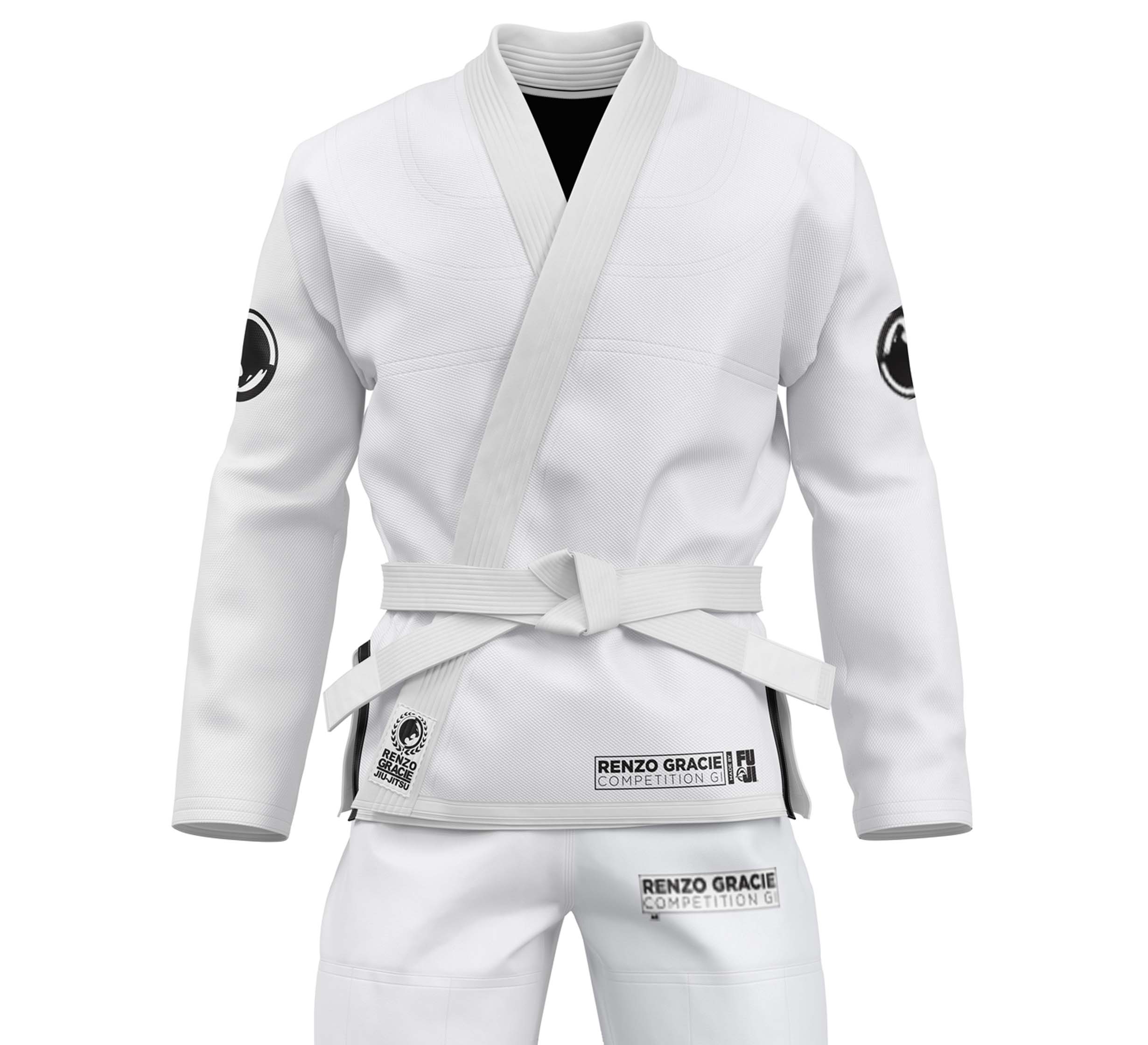 The Renzo Gracie V3 Superlite Gi White, shown with a white belt, features black patches and logos on the sleeves, chest, and pants, displayed on a headless mannequin.
