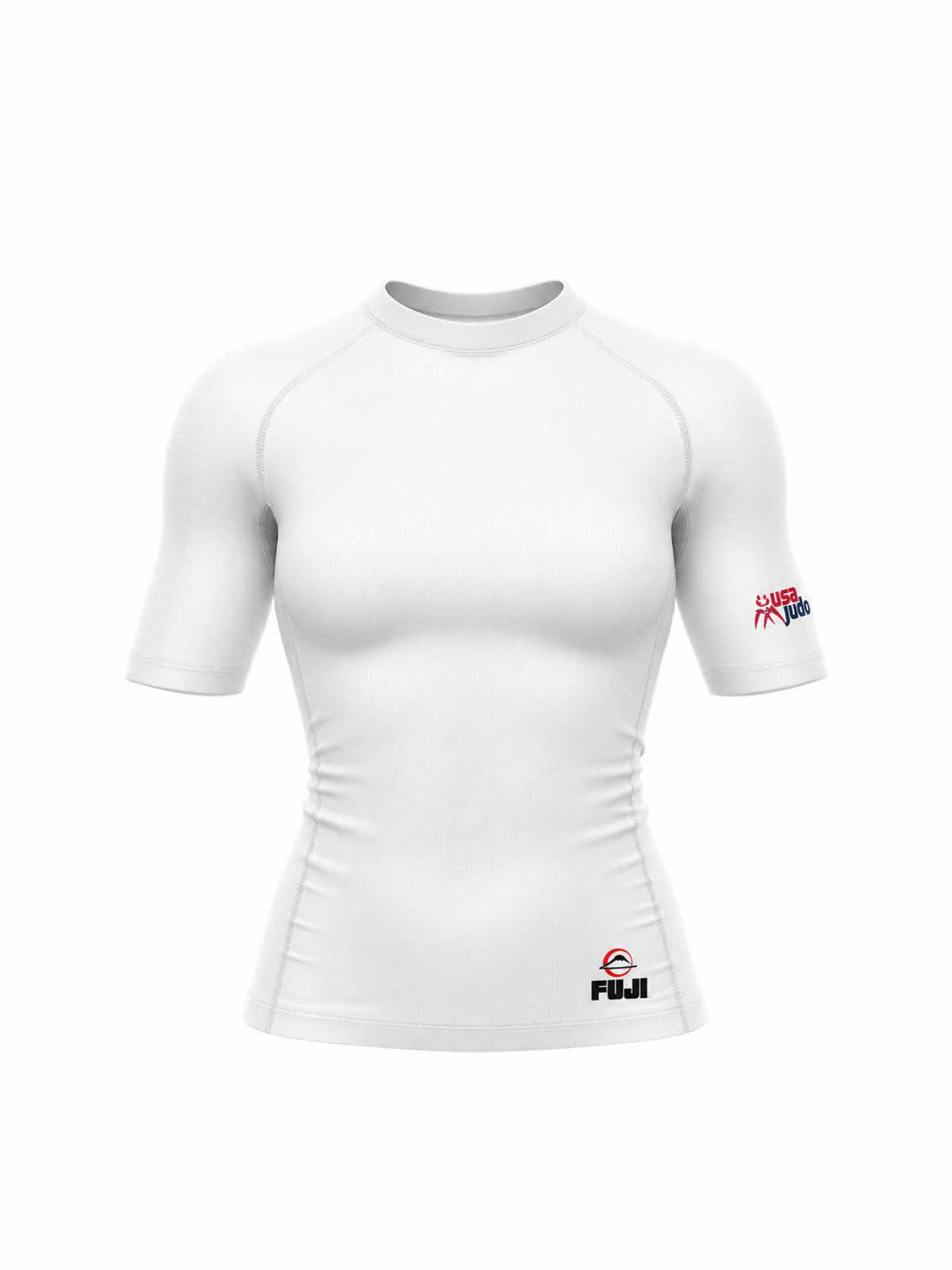 Womens USA Judo Rashguard White short-sleeve compression shirt with a USA Judo logo on the left sleeve and a small logo at the bottom hem.
