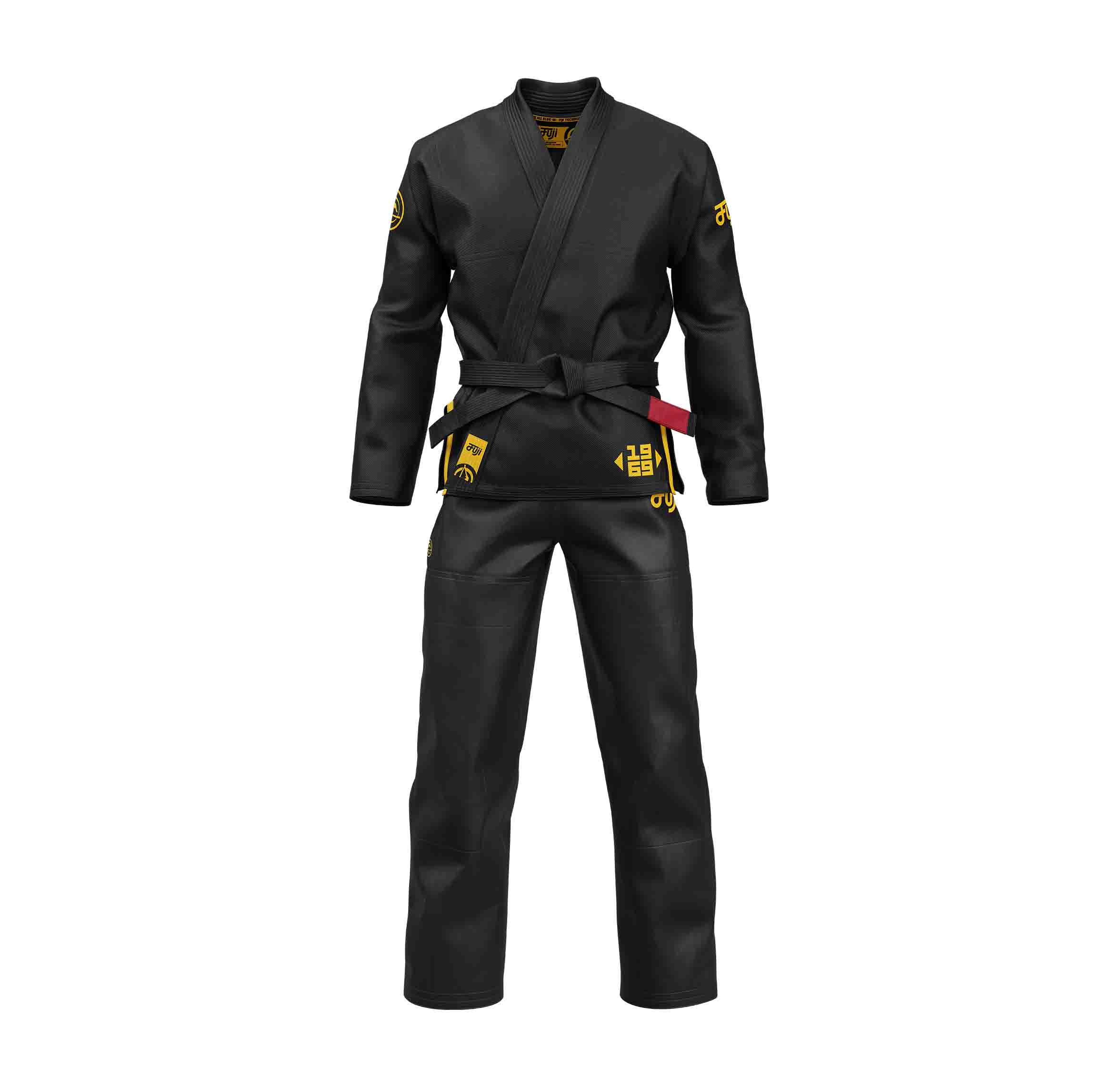 The Flow-Tech BJJ Gi Black/Gold features a black gi and belt with yellow logos and patches on the jacket, pants, and sleeves, shown on a white background.