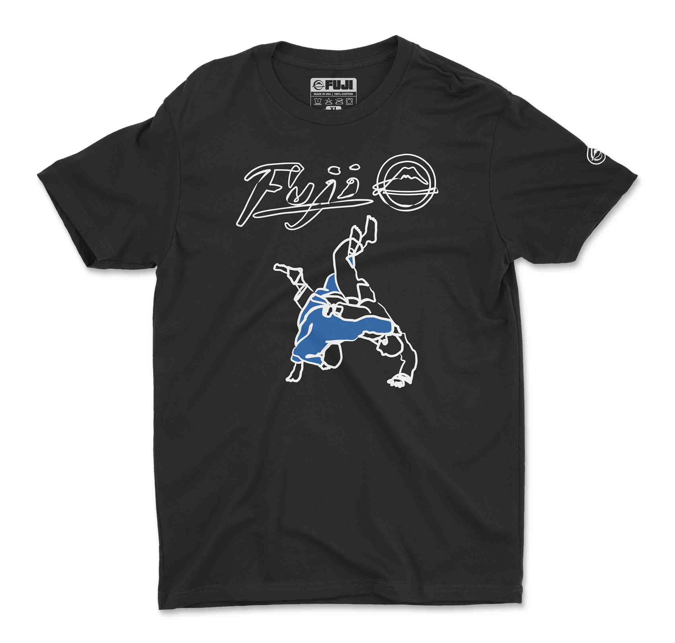 The FUJI Takedown T-Shirt Black features a white outline graphic of two wrestlers, one in blue, in a takedown pose, with "Fiji" and a circular mountain logo printed in white above them.