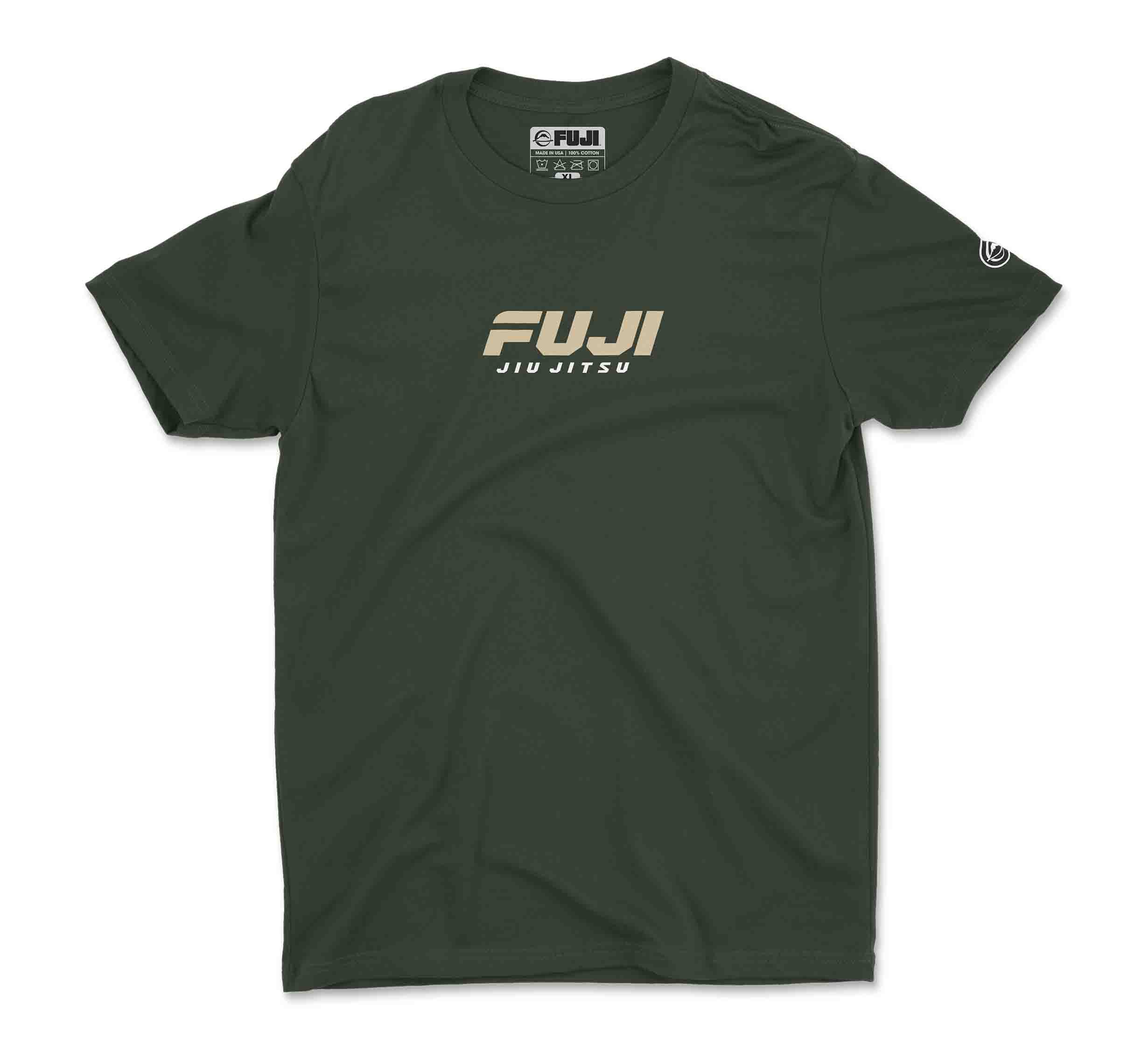 The Apex T-Shirt Forest Green features short sleeves, FUJI JIU JITSU printed in beige on the front center, and a small circular logo on the left sleeve.