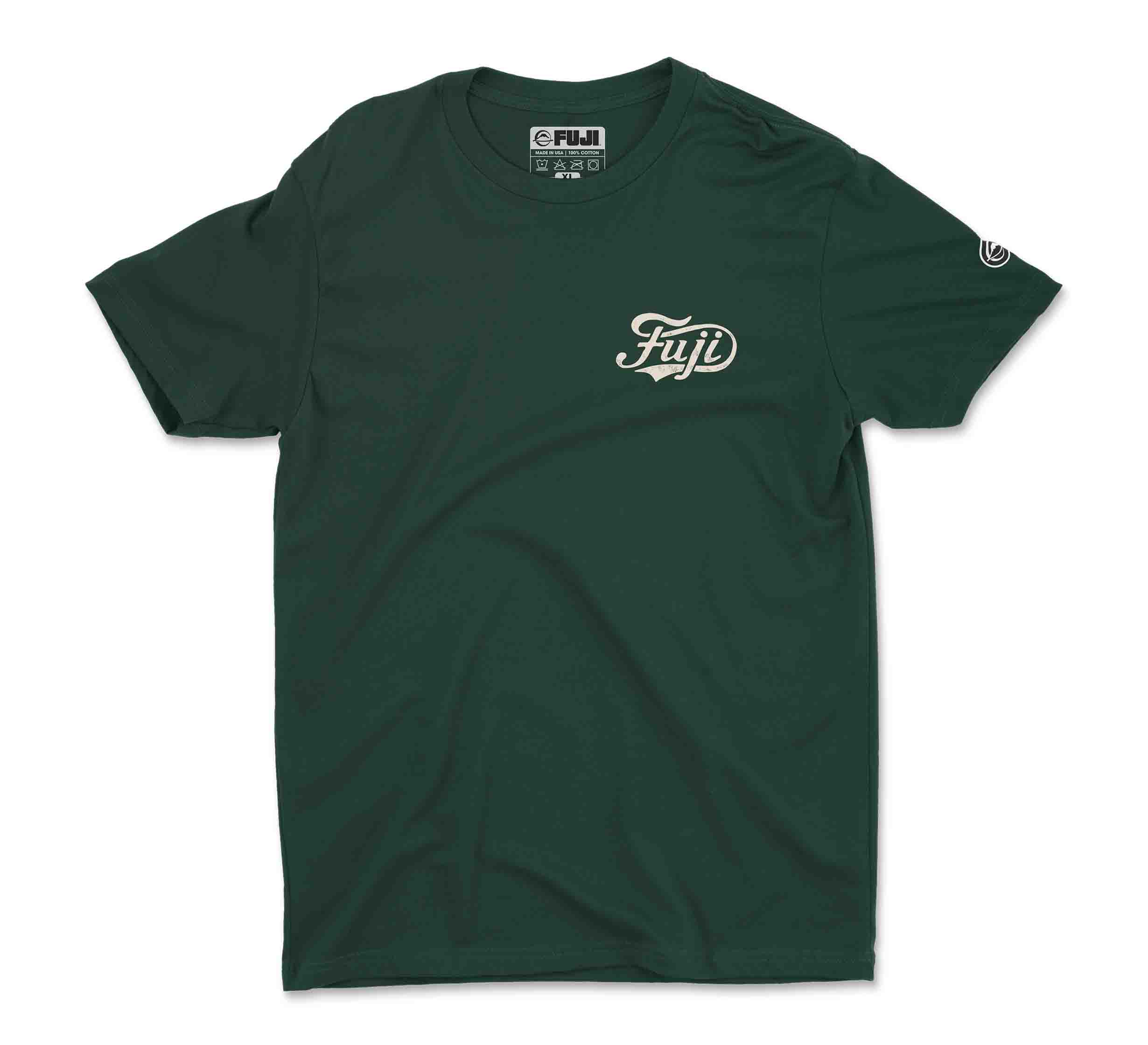 The Kids Jiu Jitsu Flow T-Shirt Green features a dark green short-sleeve design, "Fuji" in white script on the left chest, and a small circular logo on the left sleeve.