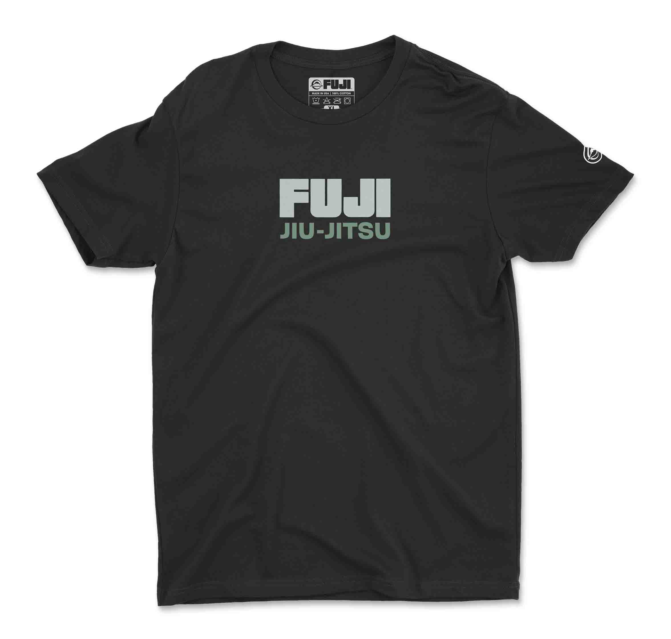 The Black Belt Mentality T-Shirt Black features “FUJI JIU-JITSU” in large, bold light gray and light green letters across the chest.