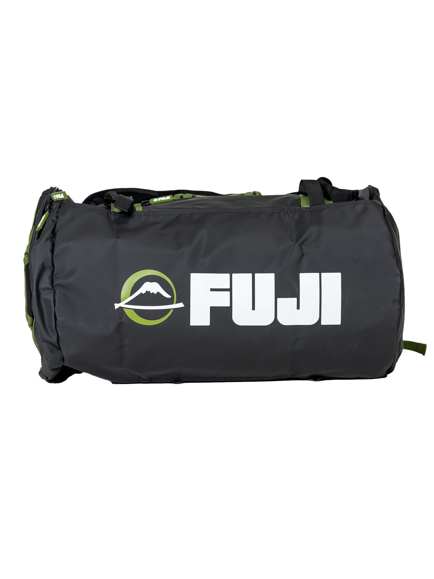 The Comp Duffle Black Green is a black duffel bag with green accents, featuring the word FUJI and a white mountain logo on its side.