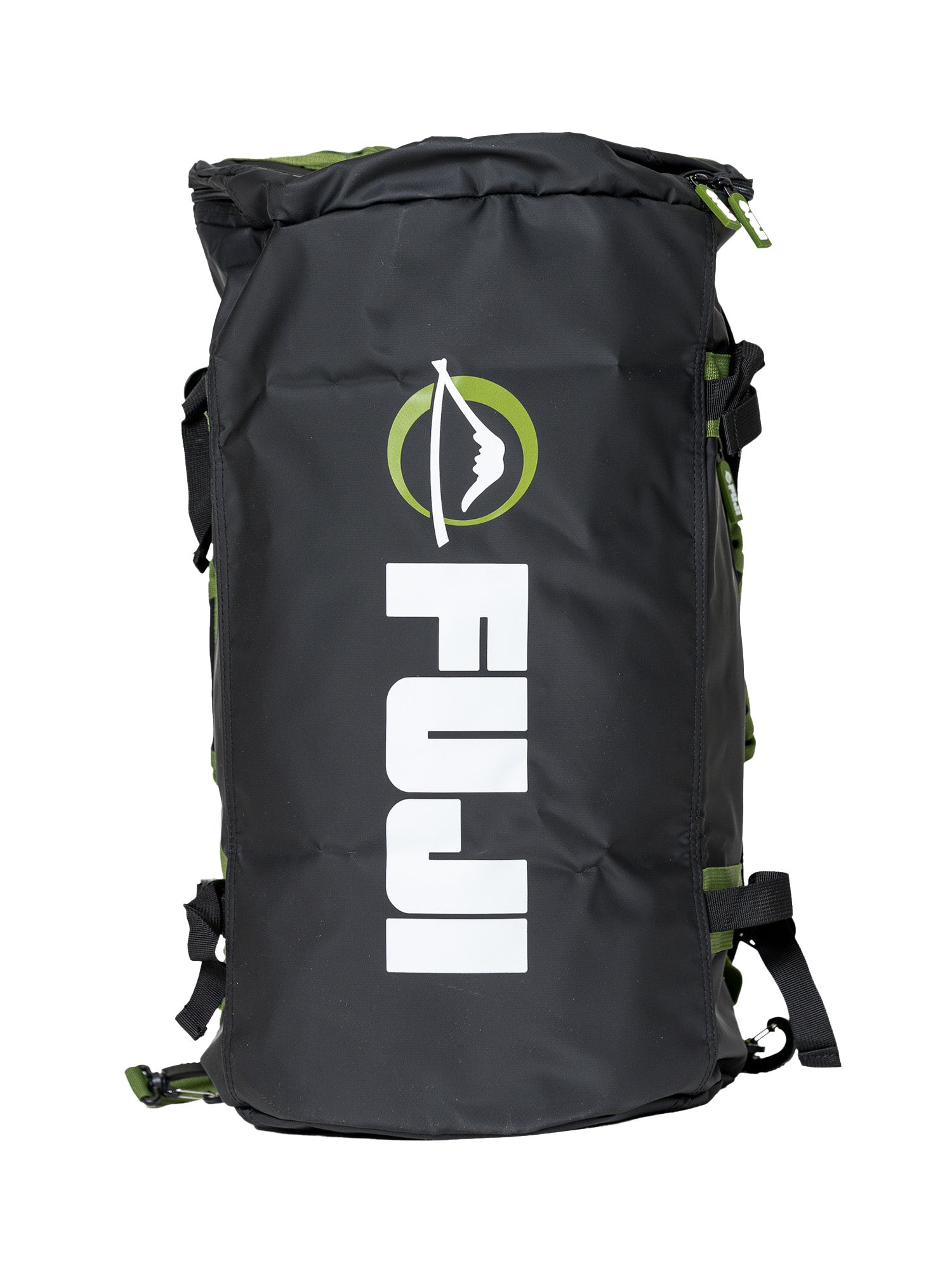 The Comp Duffle Black Green is a black duffel bag with green accents, a white vertical FUJI logo on the front, and a circular symbol showing a mountain and arrow.