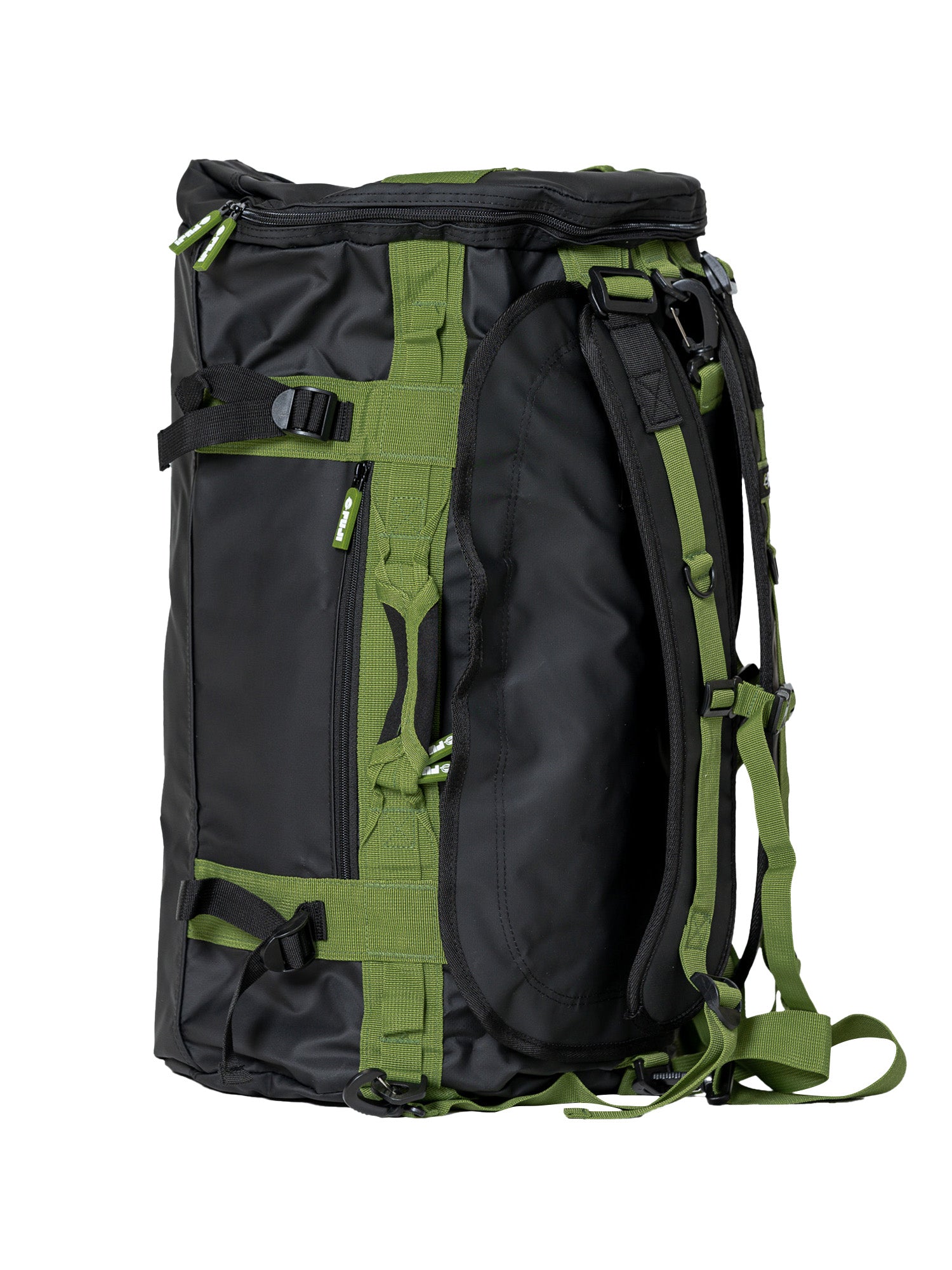 The Comp Duffle Black Green is a spacious duffel bag with backpack straps, a handle, and multiple buckles, shown standing upright on a white background.