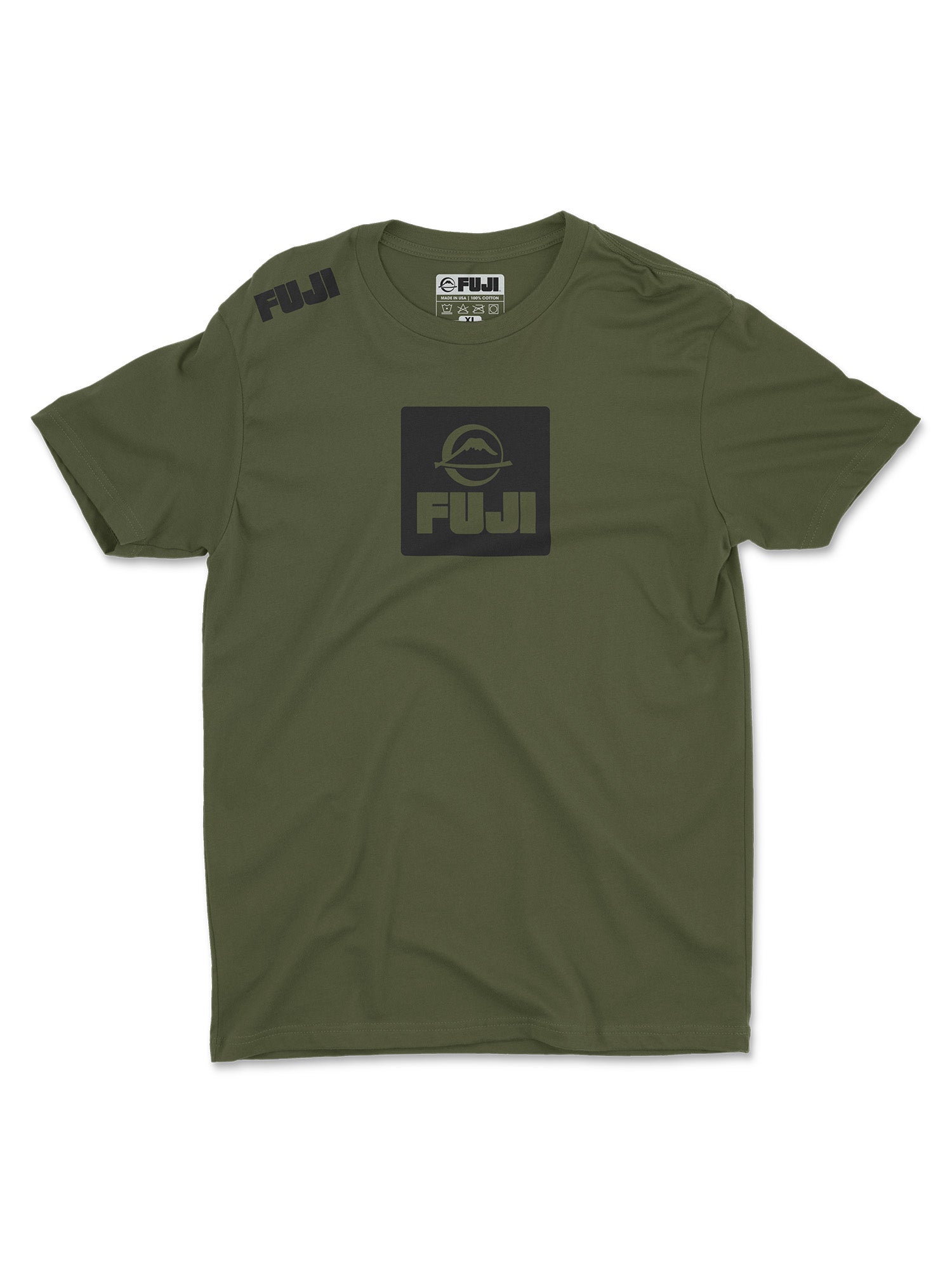 The Elevate Your Journey Shirt in Military Green is a short-sleeve tee with "FUJI" in black on the left shoulder and chest, plus a black rectangle logo featuring a stylized mountain above the chest text.