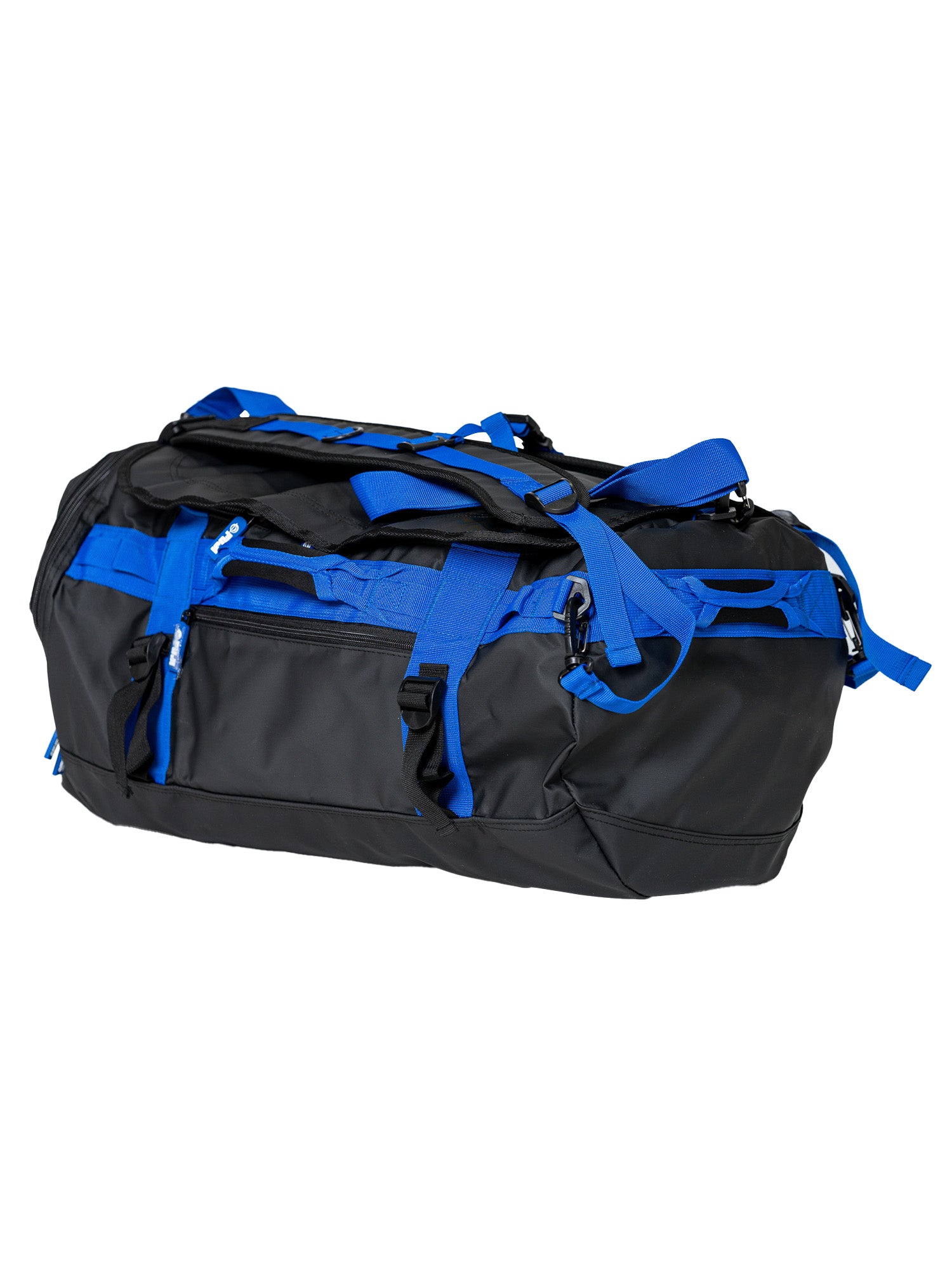 The Comp Duffle Black Blue is a spacious black duffel bag with bright blue straps, zippers, and handles. It features multiple compartments and buckles, shown isolated on a white background.