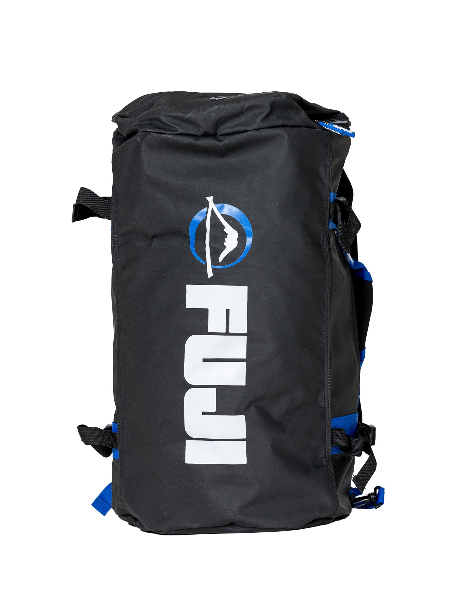 The Comp Duffle Black Blue is a large black duffel bag with blue straps and a white FUJI logo beside a circular mountain graphic on the front, shown upright against a white background.