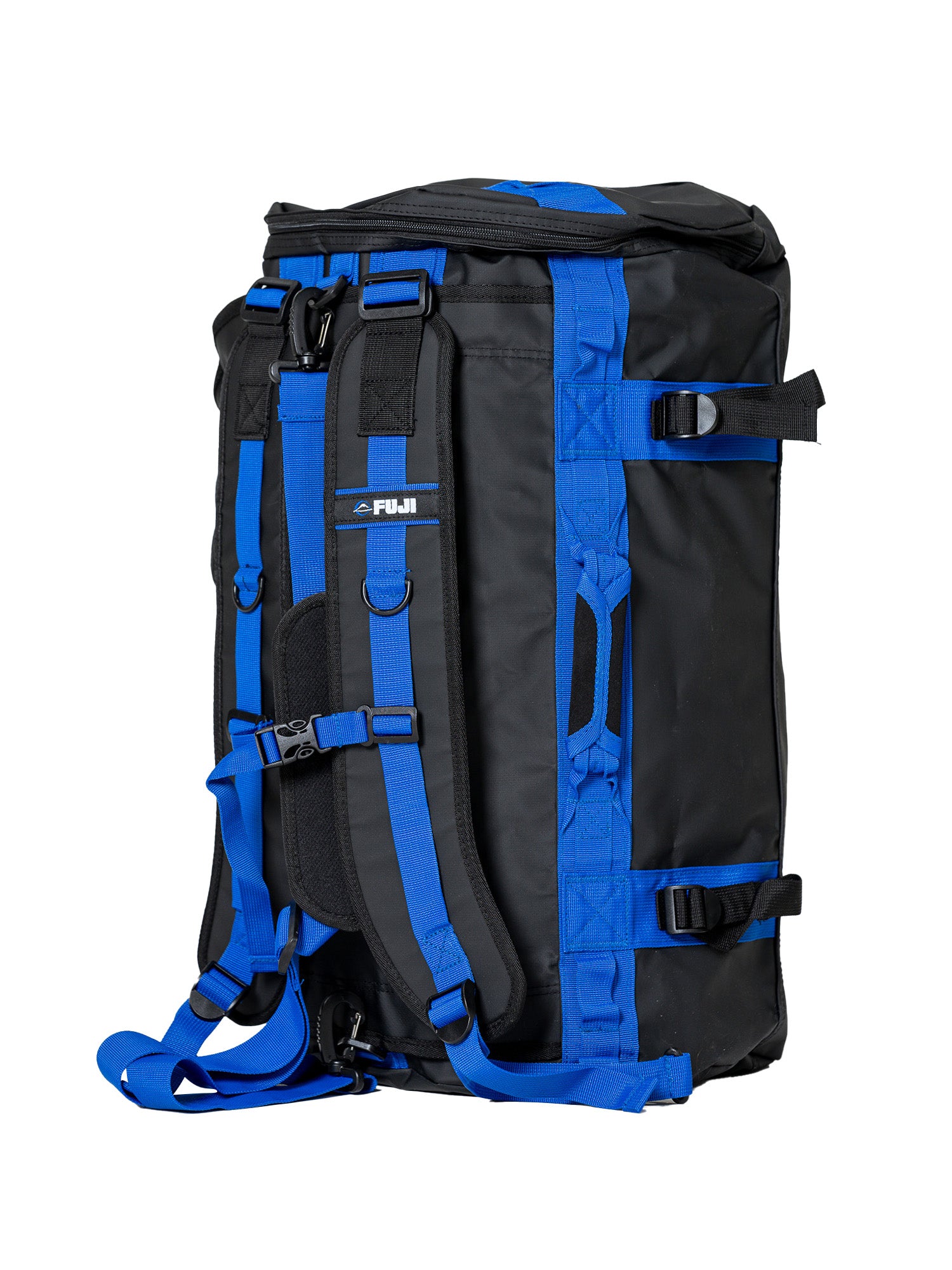 The Comp Duffle Black Blue features adjustable shoulder straps, side buckles, and handles. Shown against a white background, the bag displays a FUJI logo on the back panel.