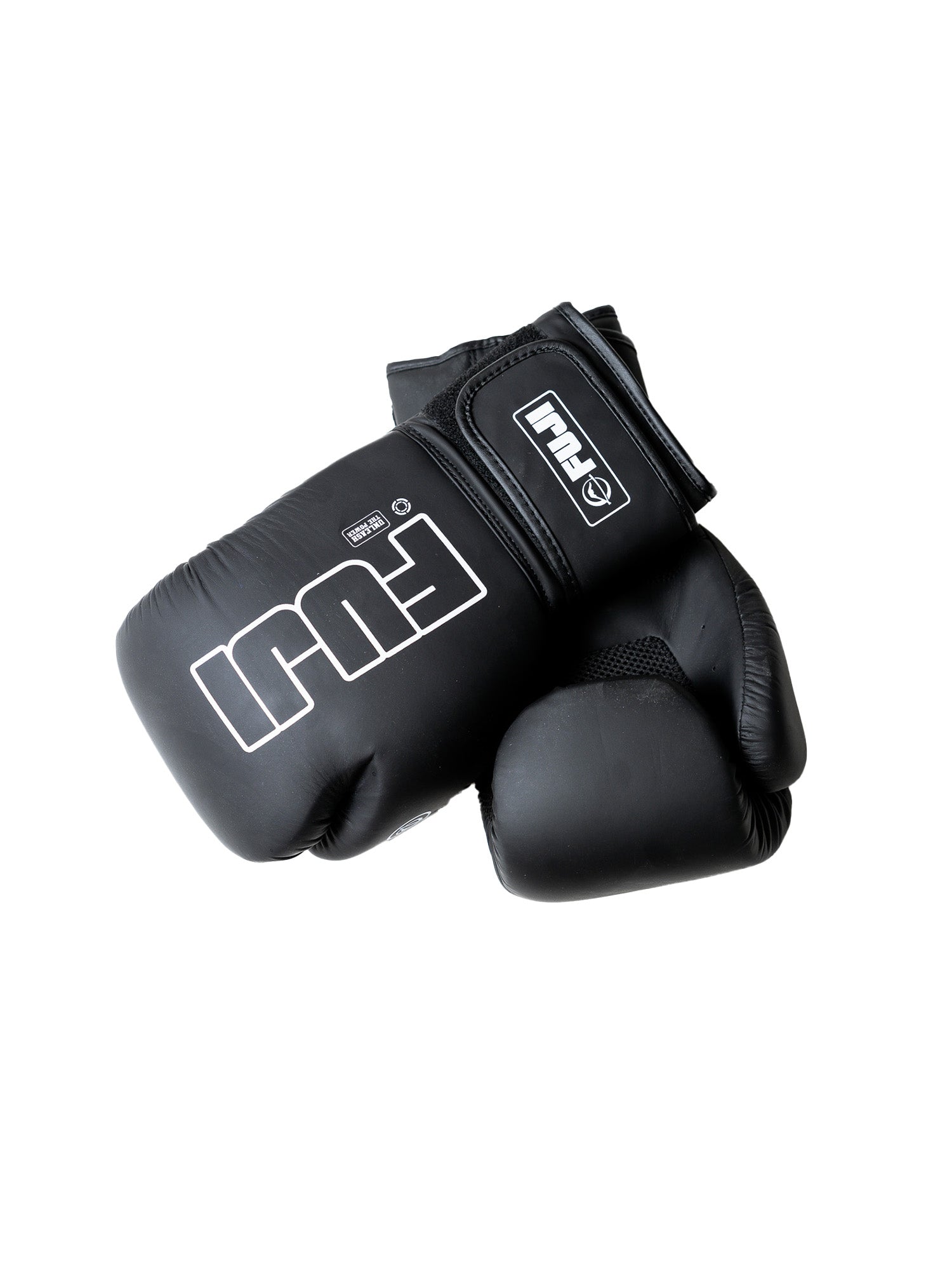A pair of Baseline Boxing Glove Black with the FUI logo in white on each glove, displayed on a plain white background.