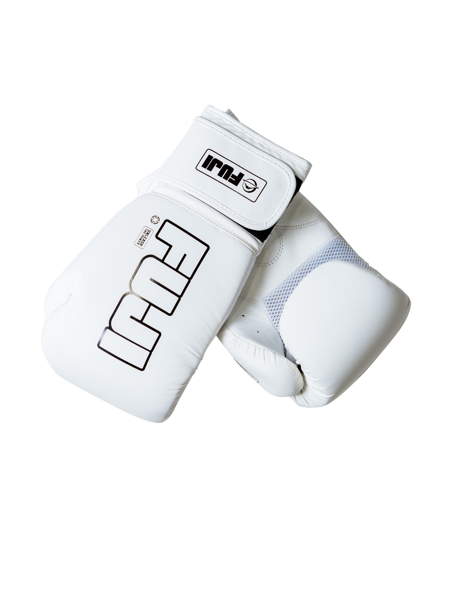 A pair of Baseline Boxing Glove White with black logos, arranged on a white background, one glove resting atop the other.