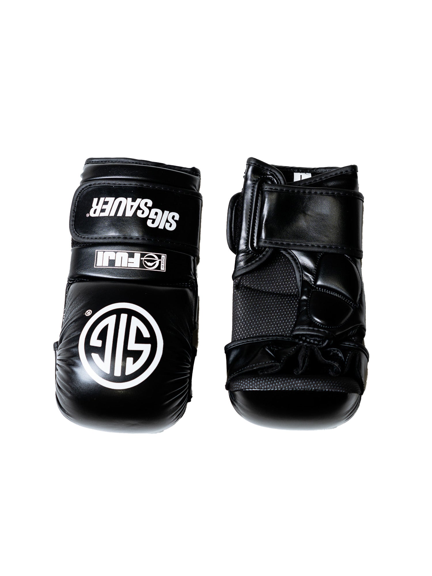 Two Sig Sauer Synthetic Precision Boxing Gloves in black with white branding are displayed side by side on a white background, showing both the palm and back views.