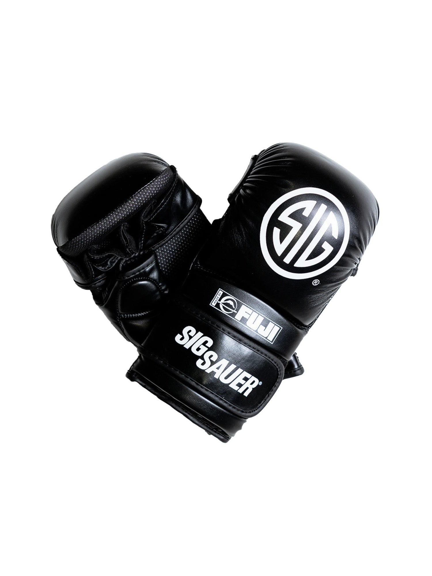 A pair of Sig Sauer Synthetic Precision Boxing Gloves in black with white logos, including SIG SAUER branding, displayed on a white background.
