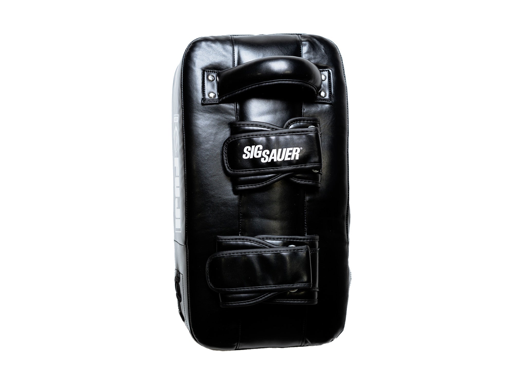 A pair of Sig Sauer Thai Pads with two exterior pockets, one labeled SIG SAUER, is shown in black leather from above on a white background.