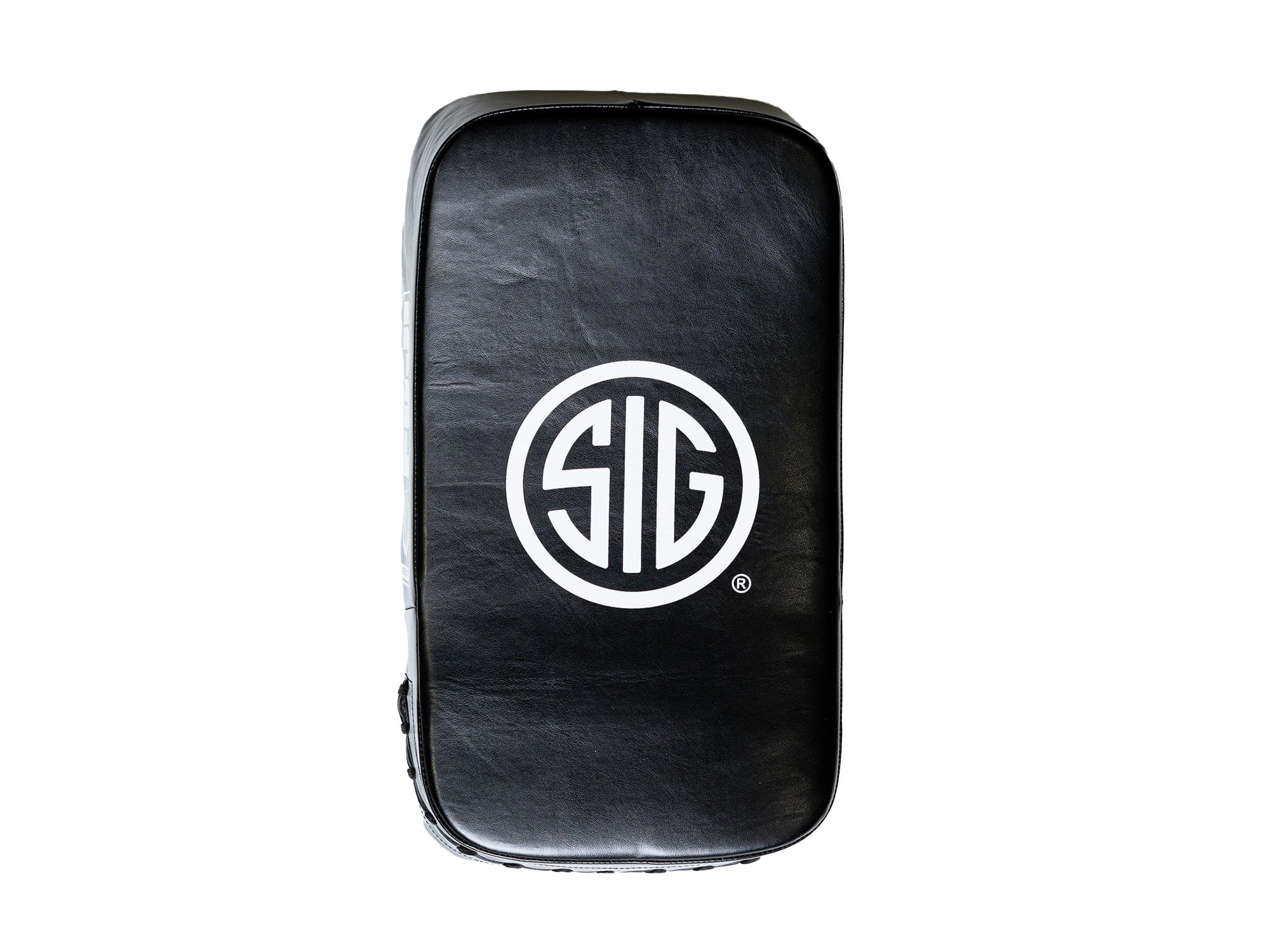 A pair of black Sig Sauer Thai Pads with a white circular geometric logo in the center, displayed against a white background.