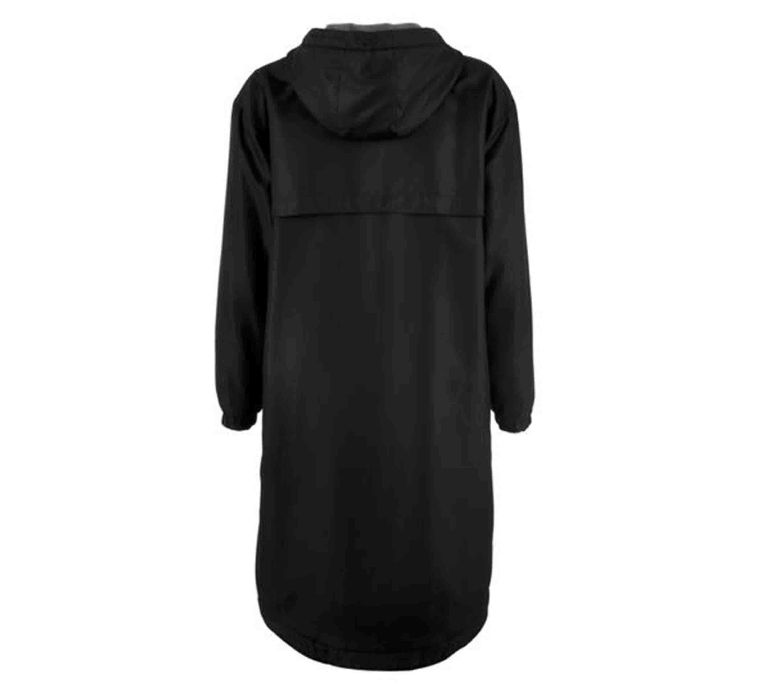 The Mizuno Team Parka Black is shown from the back, featuring long sleeves with elastic cuffs, a vented yoke, and a curved hem that's slightly longer at the back.