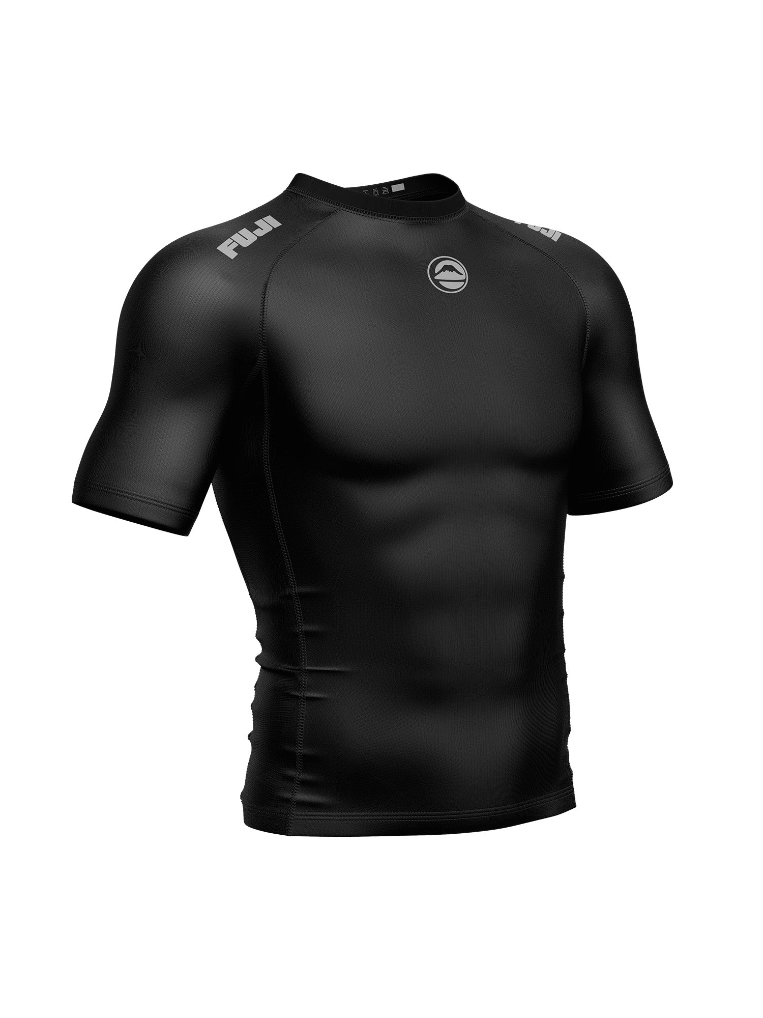 The Baseline 2.0 Short Sleeve Rashguard Black features short sleeves, subtle shoulder branding, and a round chest logo, shown on a white background.