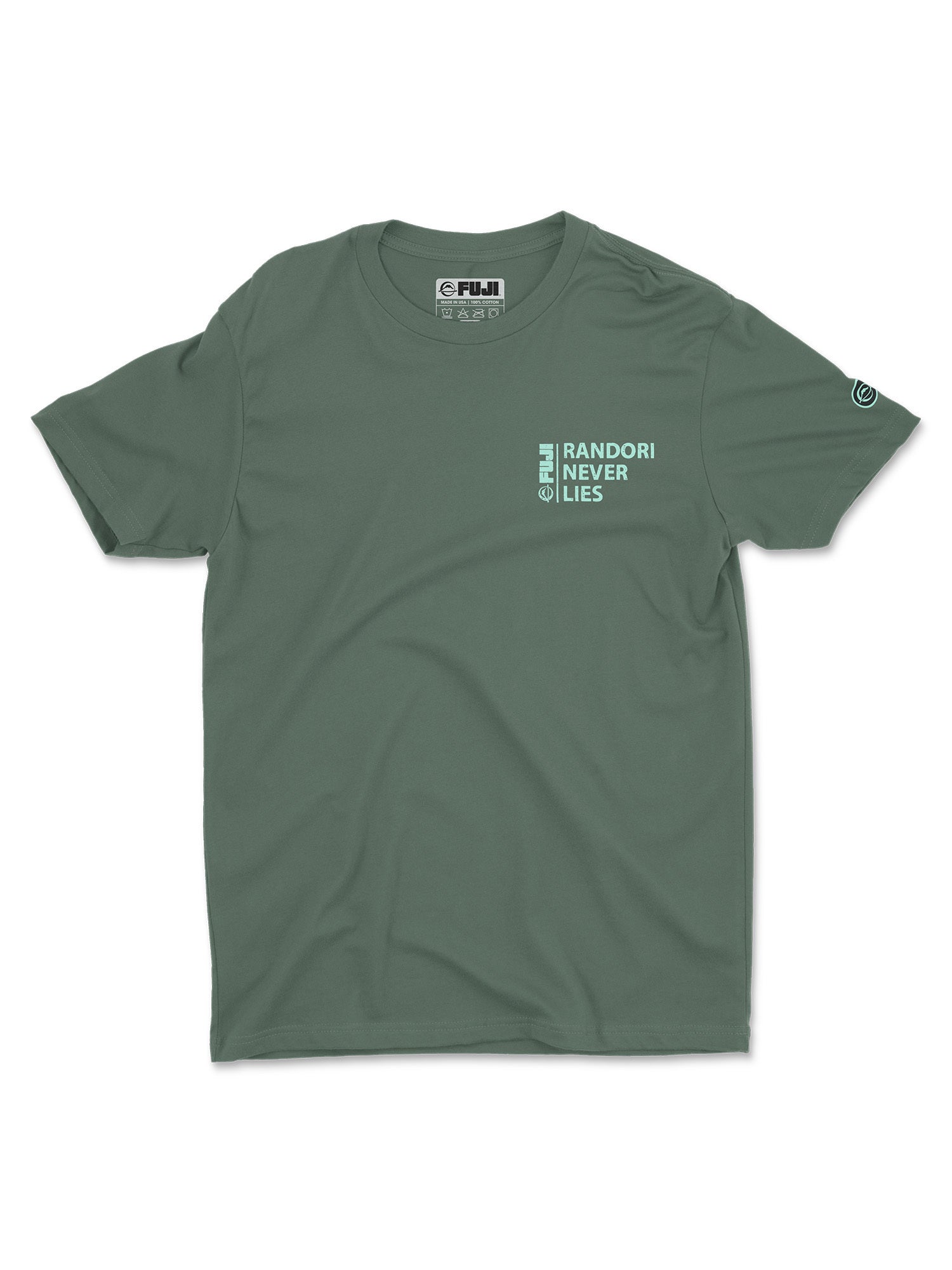 Introducing the Randori Never Lies Vintage Shirt Green—a green short-sleeve t-shirt featuring “RANDORI NEVER LIES” and a small vertical FUJI logo printed on the left chest, with a small circular logo on the left sleeve.