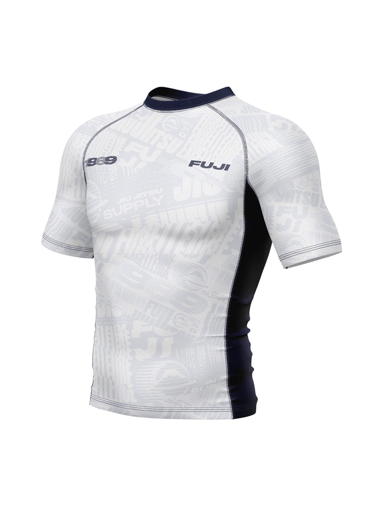 The Jiu jitsu Supply Flex Lite Rashguard White is a short-sleeved, fitted and stretchable athletic top with white and gray patterns, black side panels, and FUJI branding on the chest.