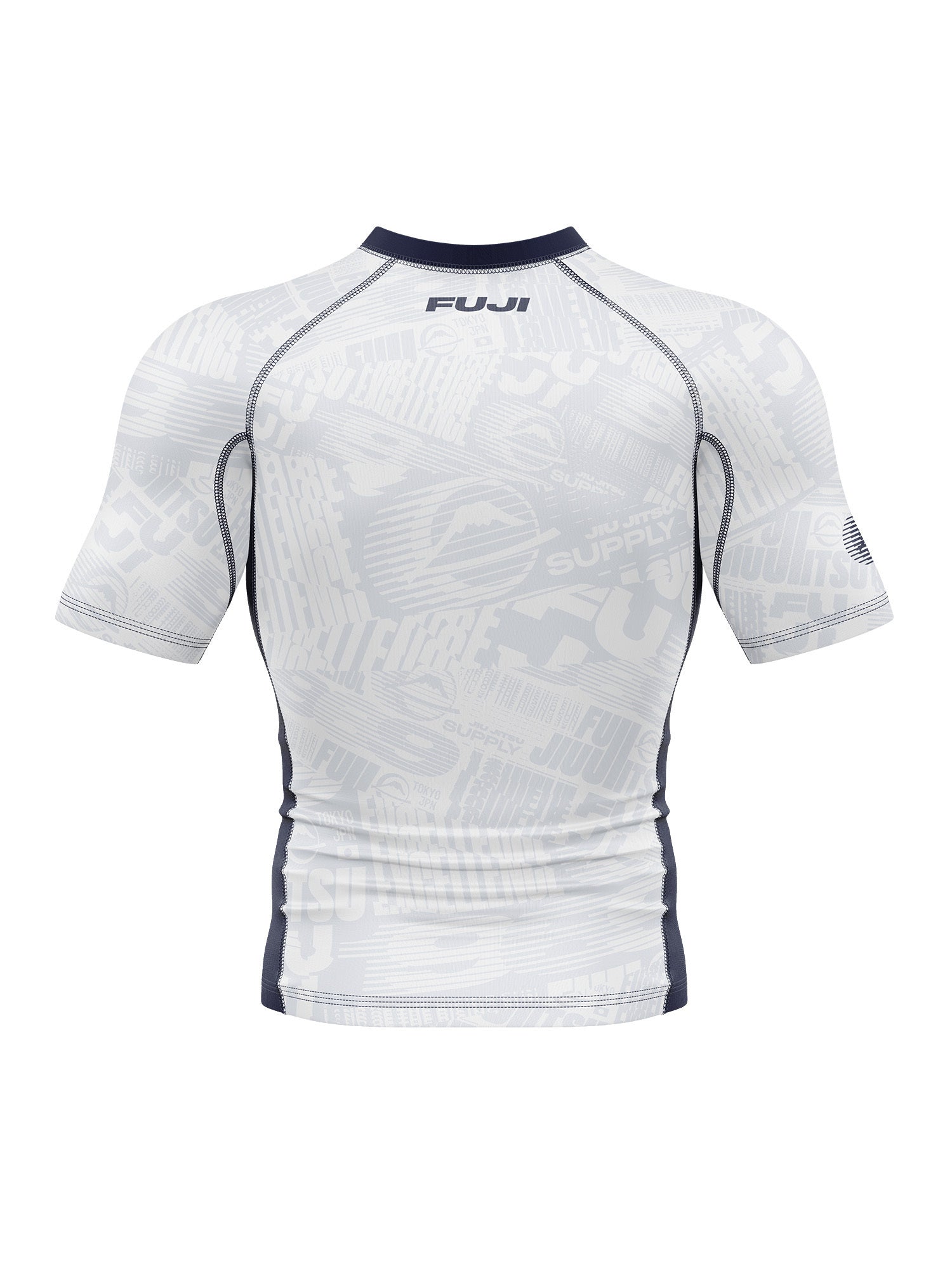Back view of the Jiu Jitsu Supply Flex Lite Rashguard in white, featuring short sleeves, a geometric and text design, navy blue seams, and FUJI branding on the upper back.
