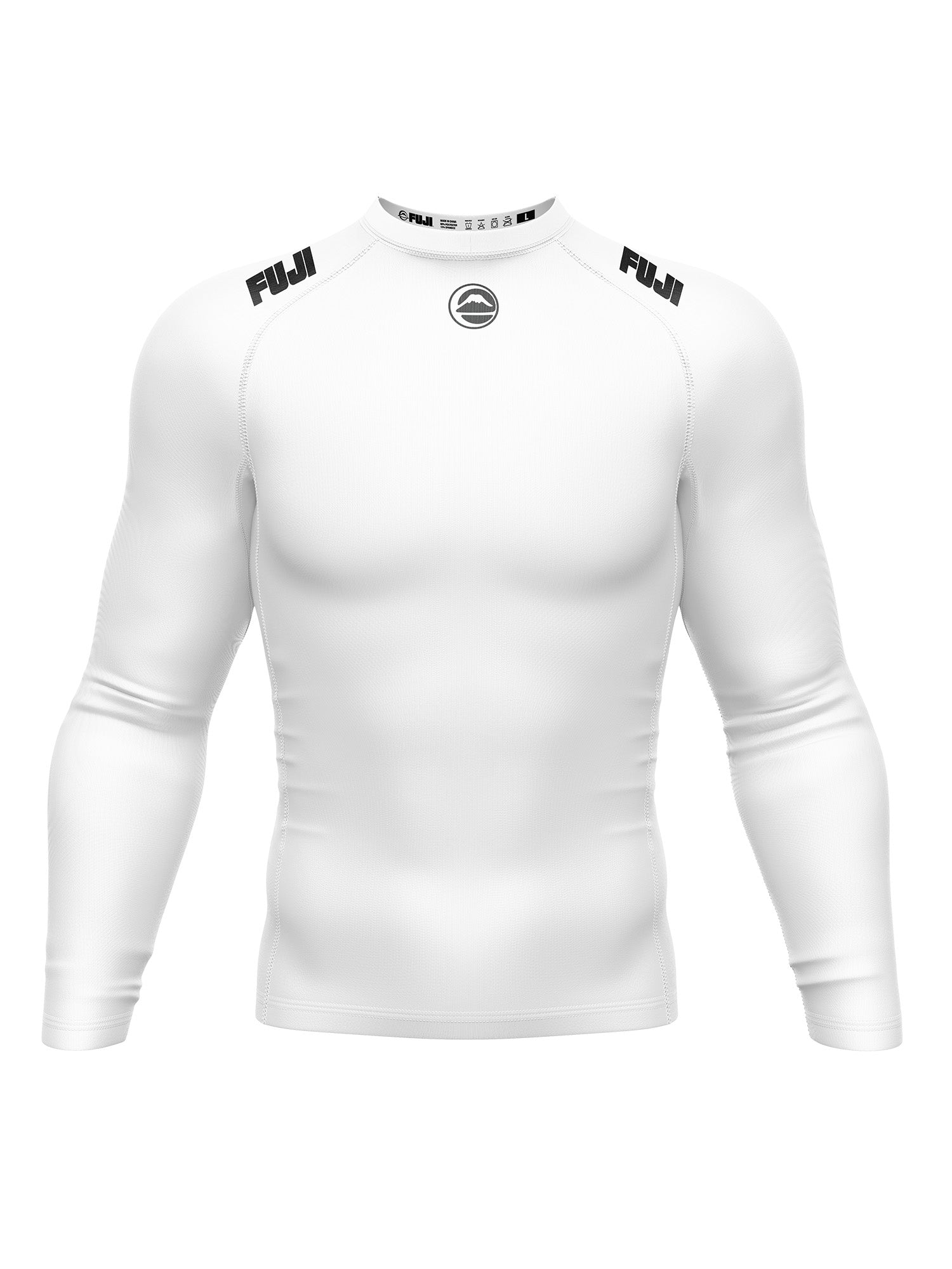The Baseline 2.0 Long Sleeve Rashguard White features black FUJI text on both shoulders and a circular logo at the collar, shown on a plain white background.