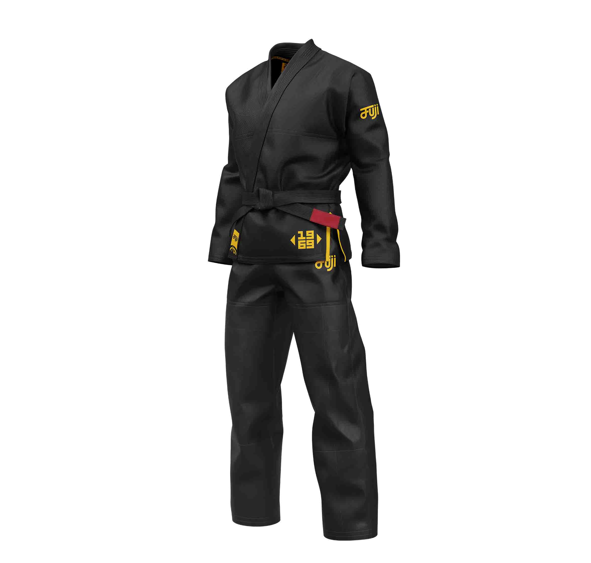 The Flow-Tech BJJ Gi Black/Gold, shown on a faceless mannequin, features gold and red embroidery, logos on the upper arm, chest, and thigh, and comes with a matching belt.