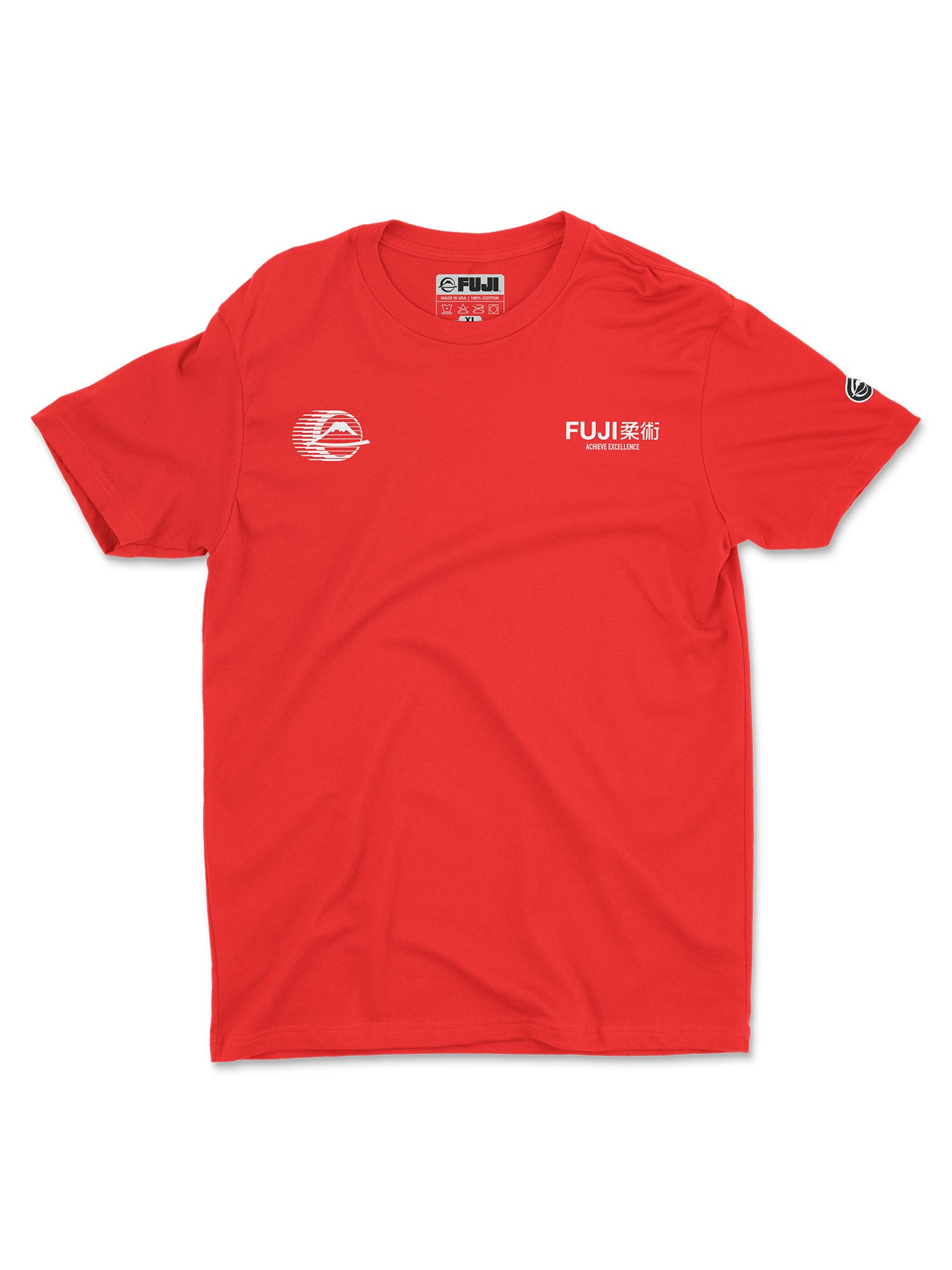 The Iconic Jiu Jitsu Shirt Red is a vibrant red short-sleeve tee with a small white Fuji logo and Japanese text on the left chest, a circular white graphic on the right chest, and an additional logo on the left sleeve.
