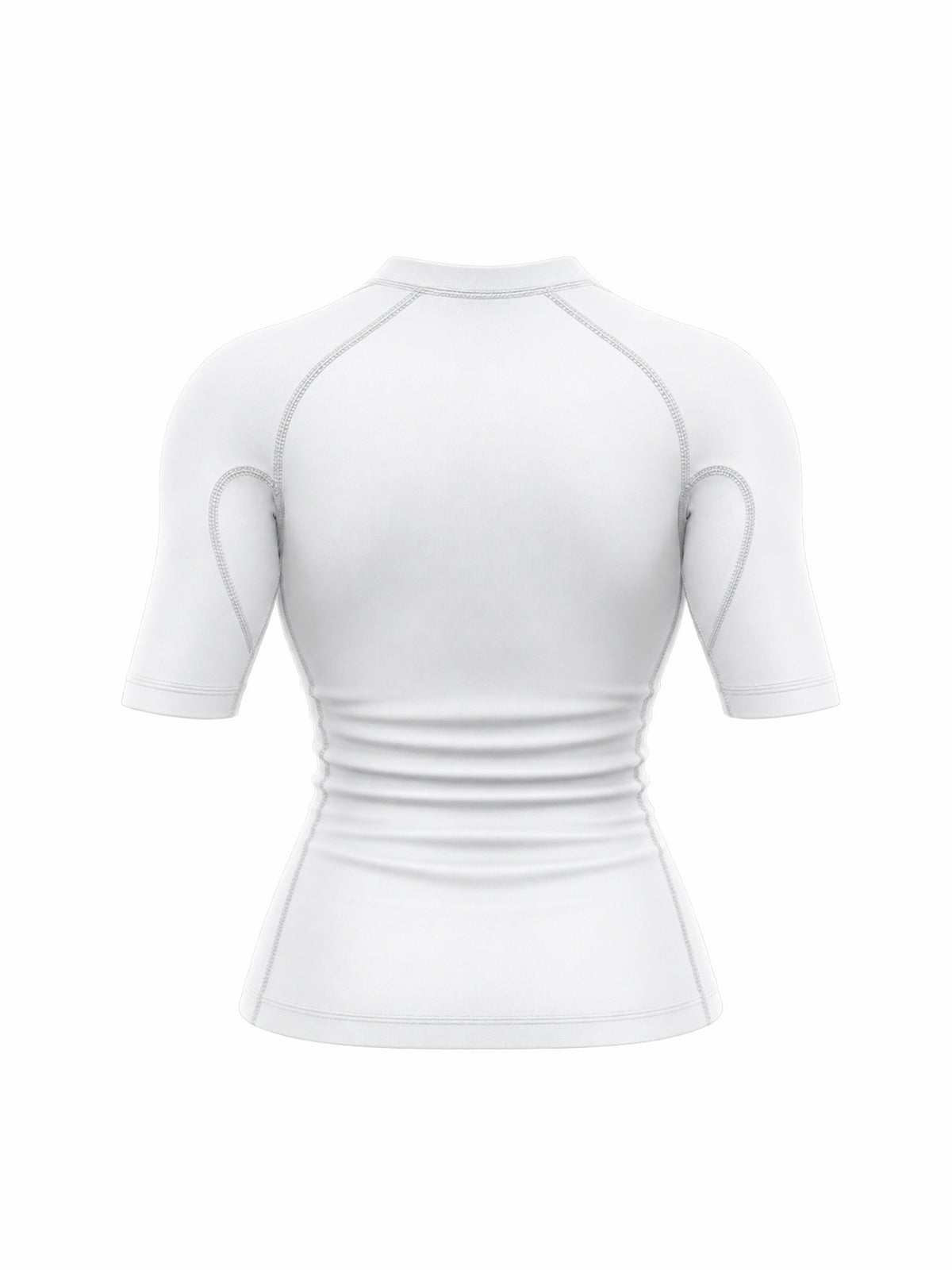 Back view of a white Womens USA Judo Rashguard short-sleeved compression shirt with visible seams.