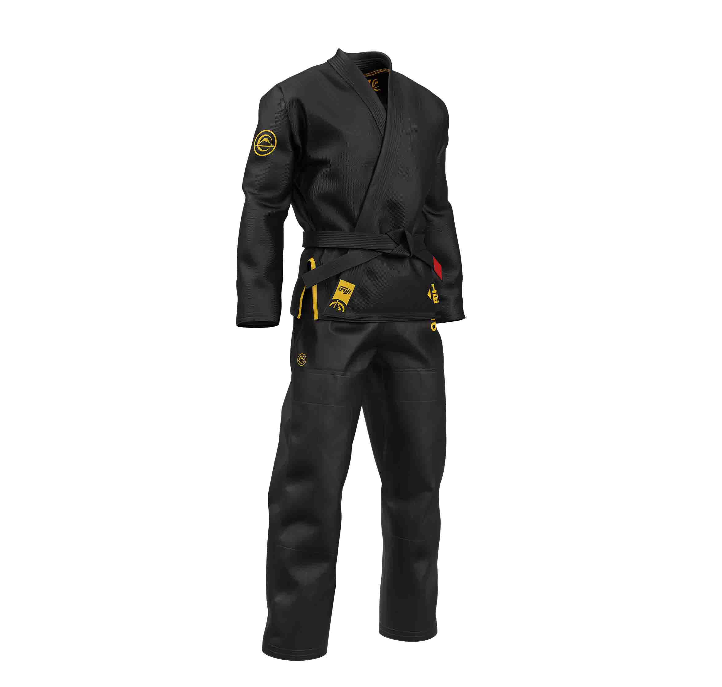 The Flow-Tech BJJ Gi Black/Gold features yellow accents and patches on a black base, showcased upright on an invisible mannequin against a white background.