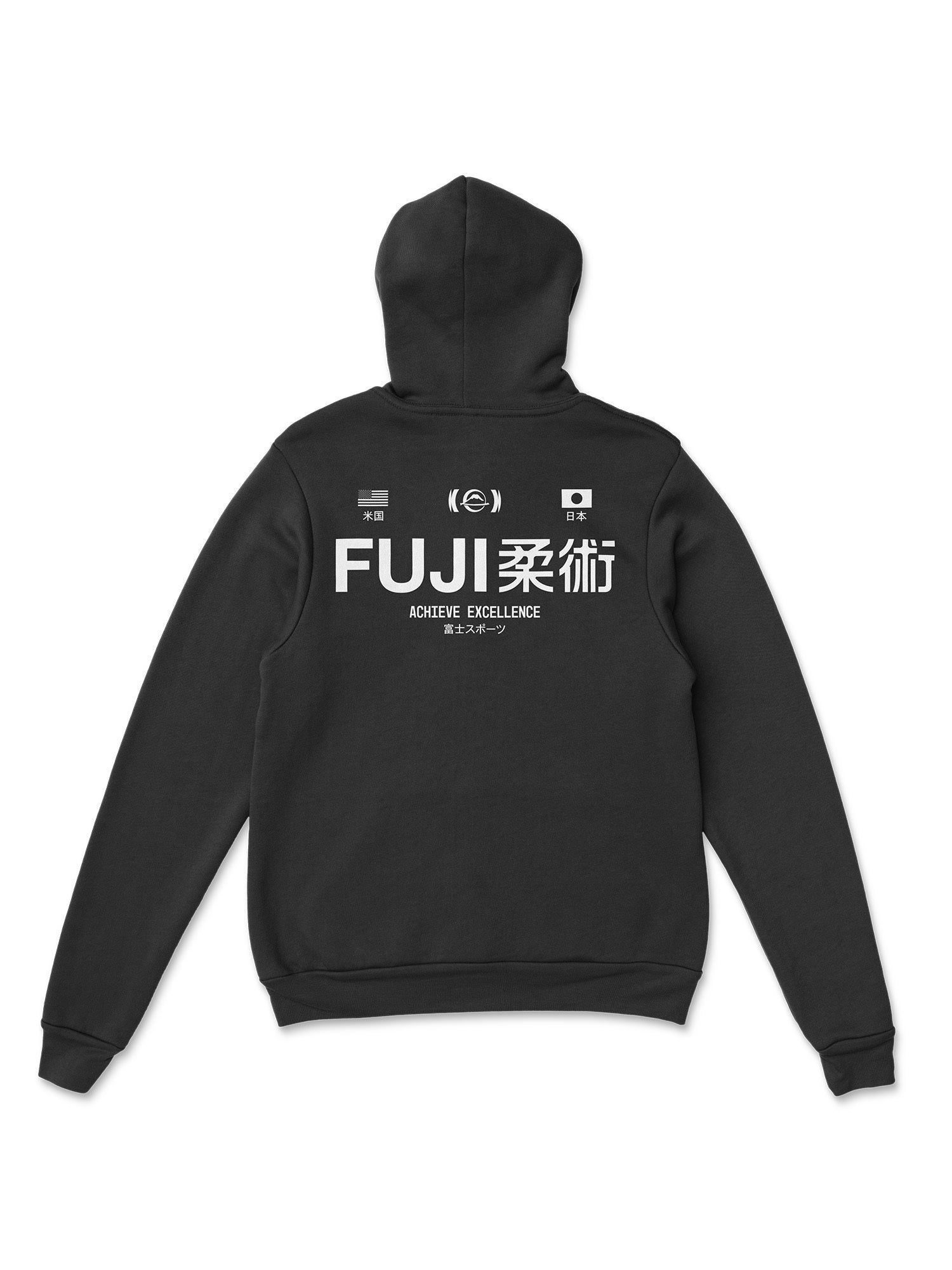 The Iconic Jiu Jitsu Hoodie Black features white "FUJI 柔術 Achieve Excellence" text on the back, accented with small flags and Japanese characters above and below the main message.