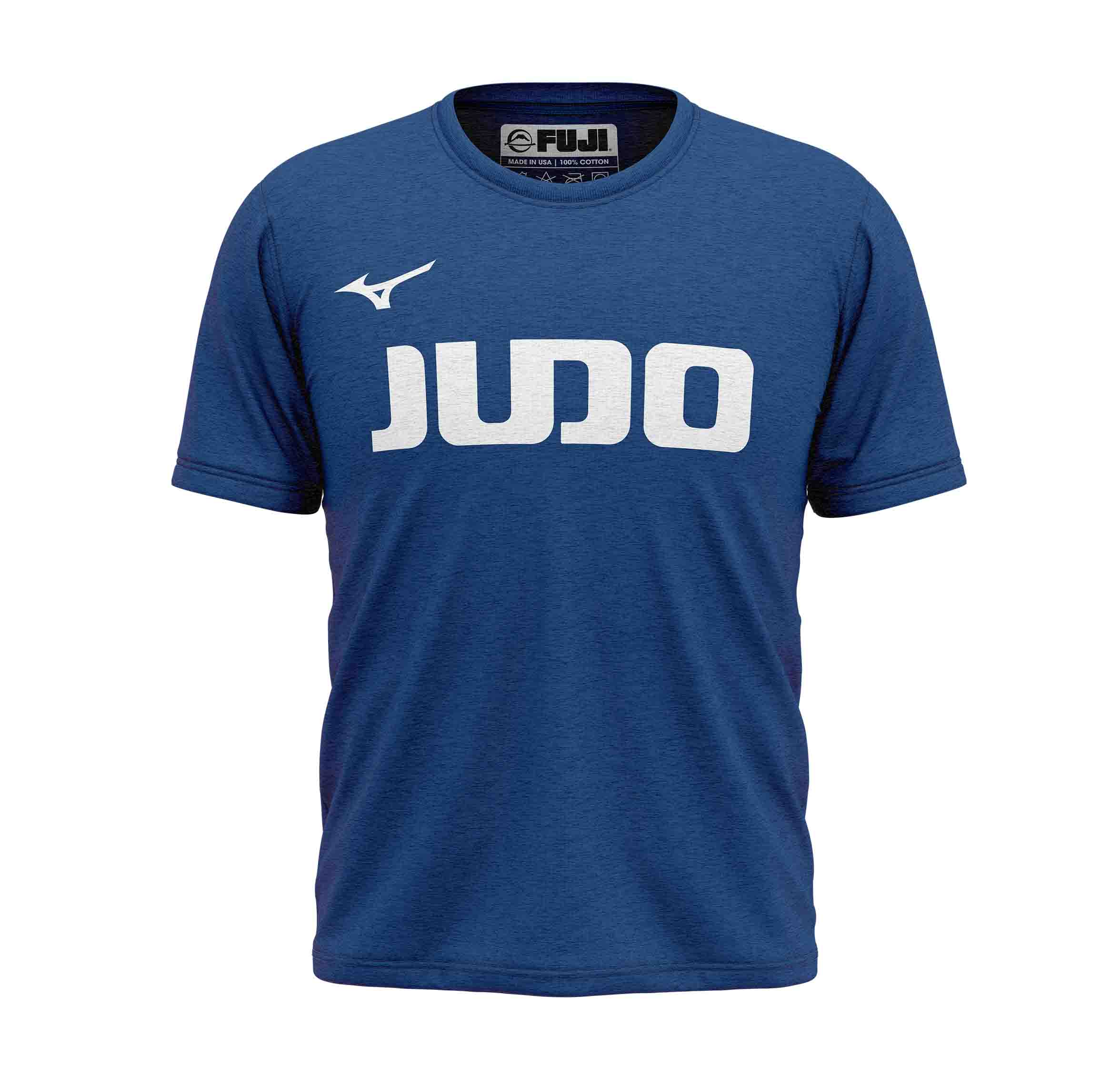The Mizuno Judo T-Shirt Blue features short sleeves, "JUDO" in bold white letters across the chest, and a small white logo on the right shoulder.