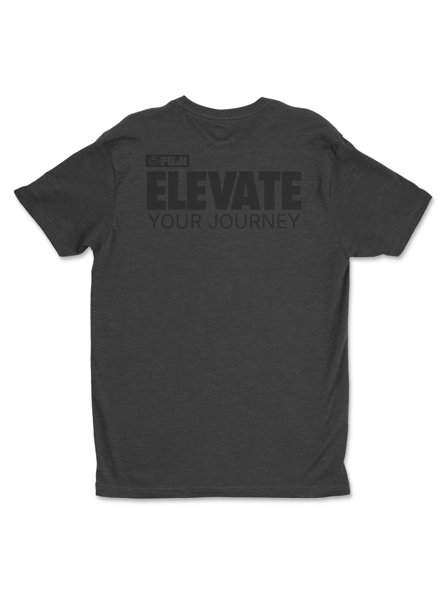 Back of the Elevate Your Journey Shirt Charcoal featuring "ELEVATE YOUR JOURNEY" in bold black letters across the upper back with a small 6PM logo above the text.