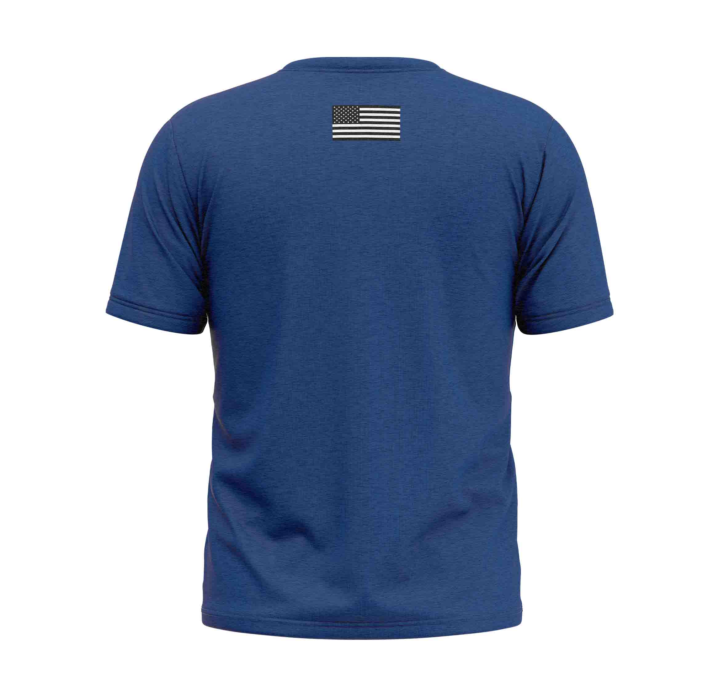 The Mizuno Judo T-Shirt Blue is a short-sleeve tee shown from the back, featuring a small black and white American flag near the top center, just below the neckline.