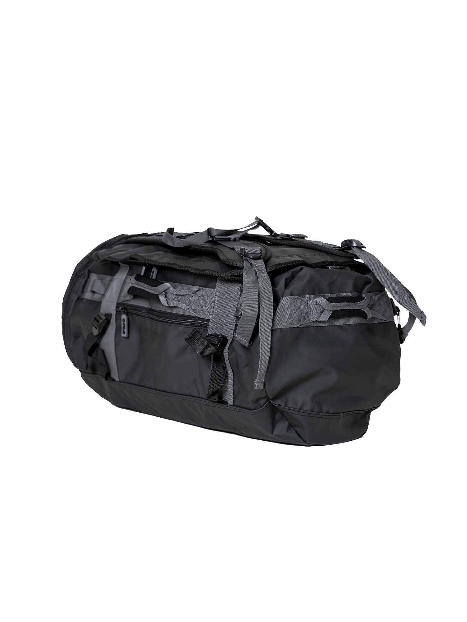 The Comp Duffle Black Grey is a spacious black duffel bag with gray straps, multiple zippers, and compartments, displayed on a plain white background.