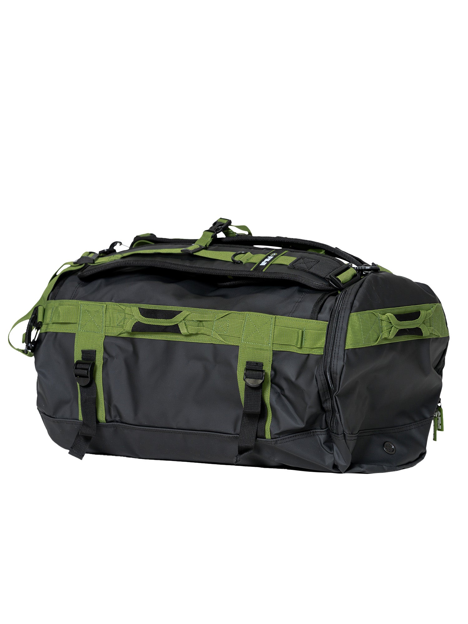 The Comp Duffle Black Green is a spacious black and green duffel bag with multiple straps and handles, designed for heavy-duty use or travel, shown against a white background.