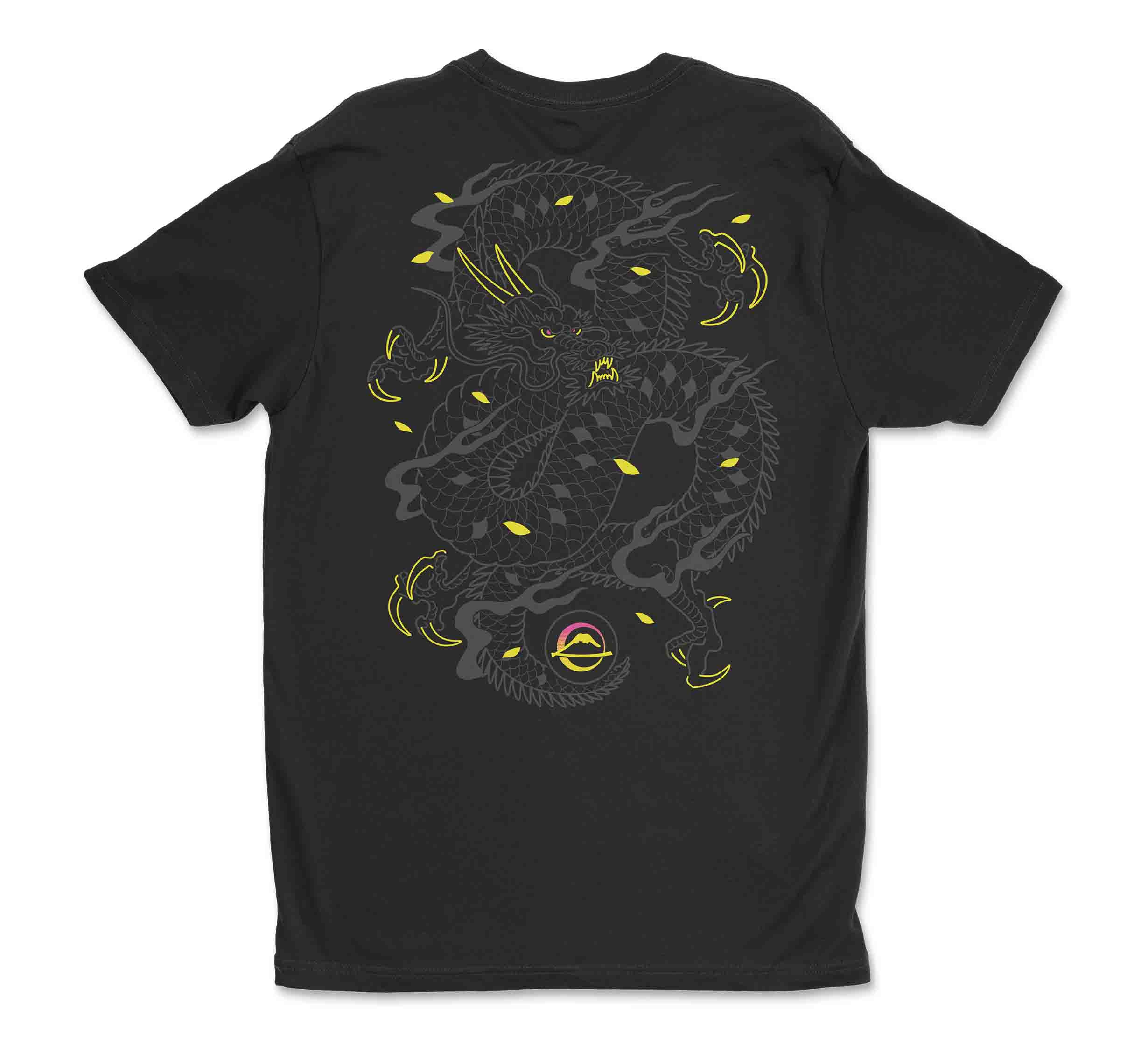 Ryujin T-Shirt Black showcases a stylized, outlined dragon on the back, with yellow accents and swirling shapes highlighting the design.