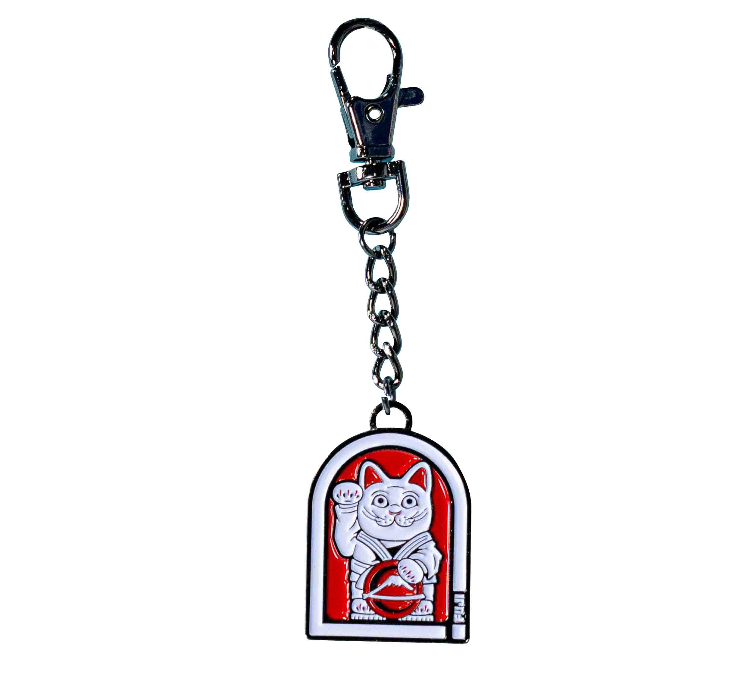 The FUJI Maneki-Neko Keychain features a white Japanese lucky cat with its left paw raised on a red background inside an arched frame, complete with a metal chain and clasp.