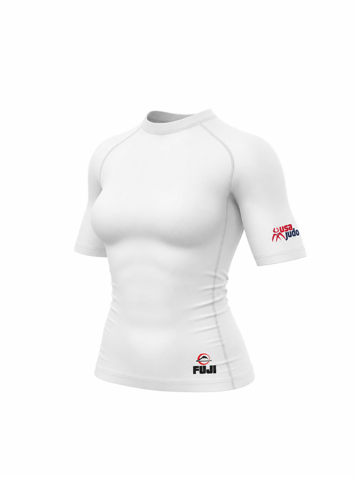 Womens USA Judo Rashguard White short-sleeve compression shirt with a USA Judo logo on the left sleeve and a small logo on the front hip.