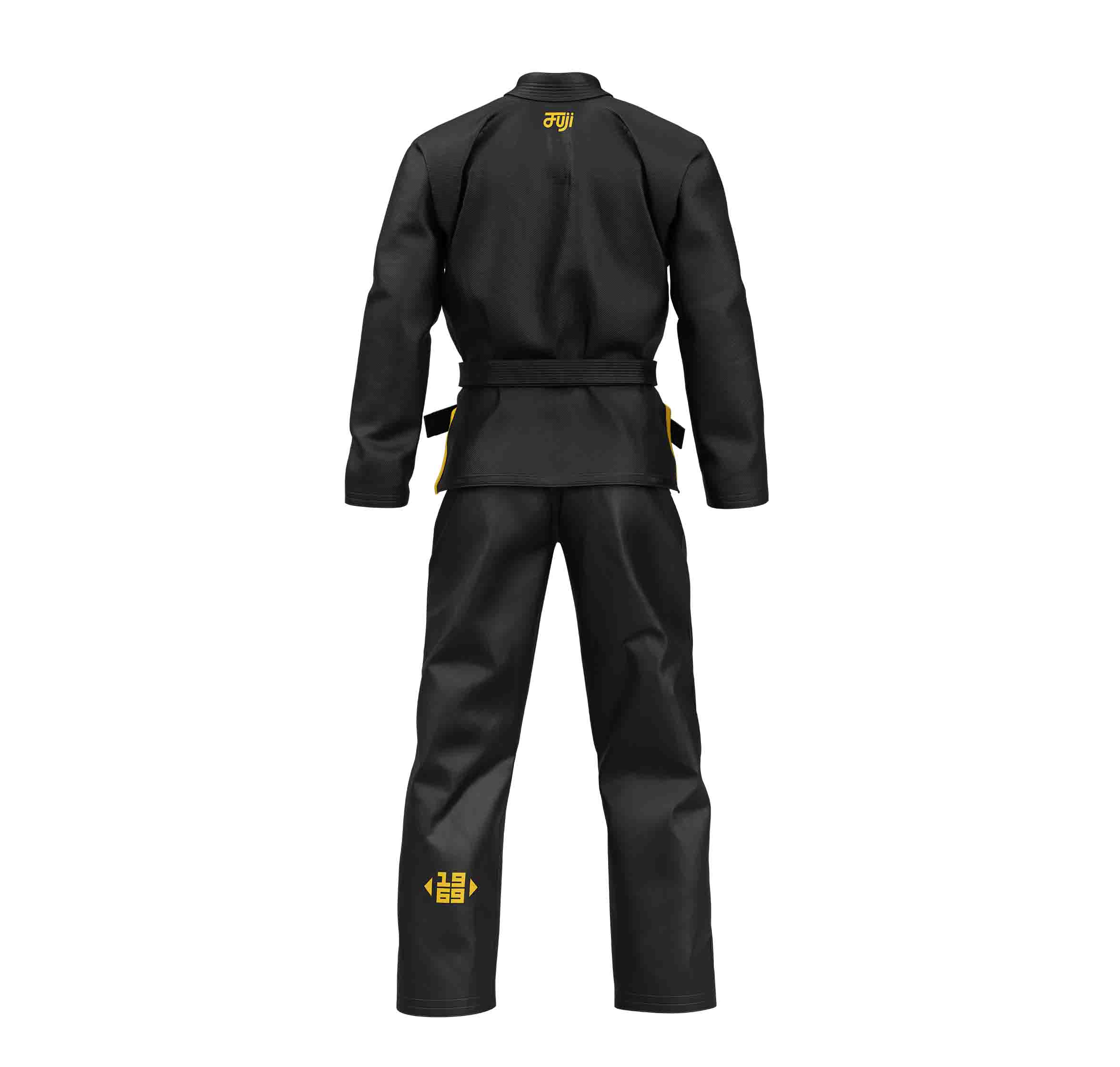 The Flow-Tech BJJ Gi Black/Gold is a black martial arts uniform with a belt, shown from the back. Yellow logos appear on the upper back, lower right jacket, and left pant leg. Displayed against a white background.