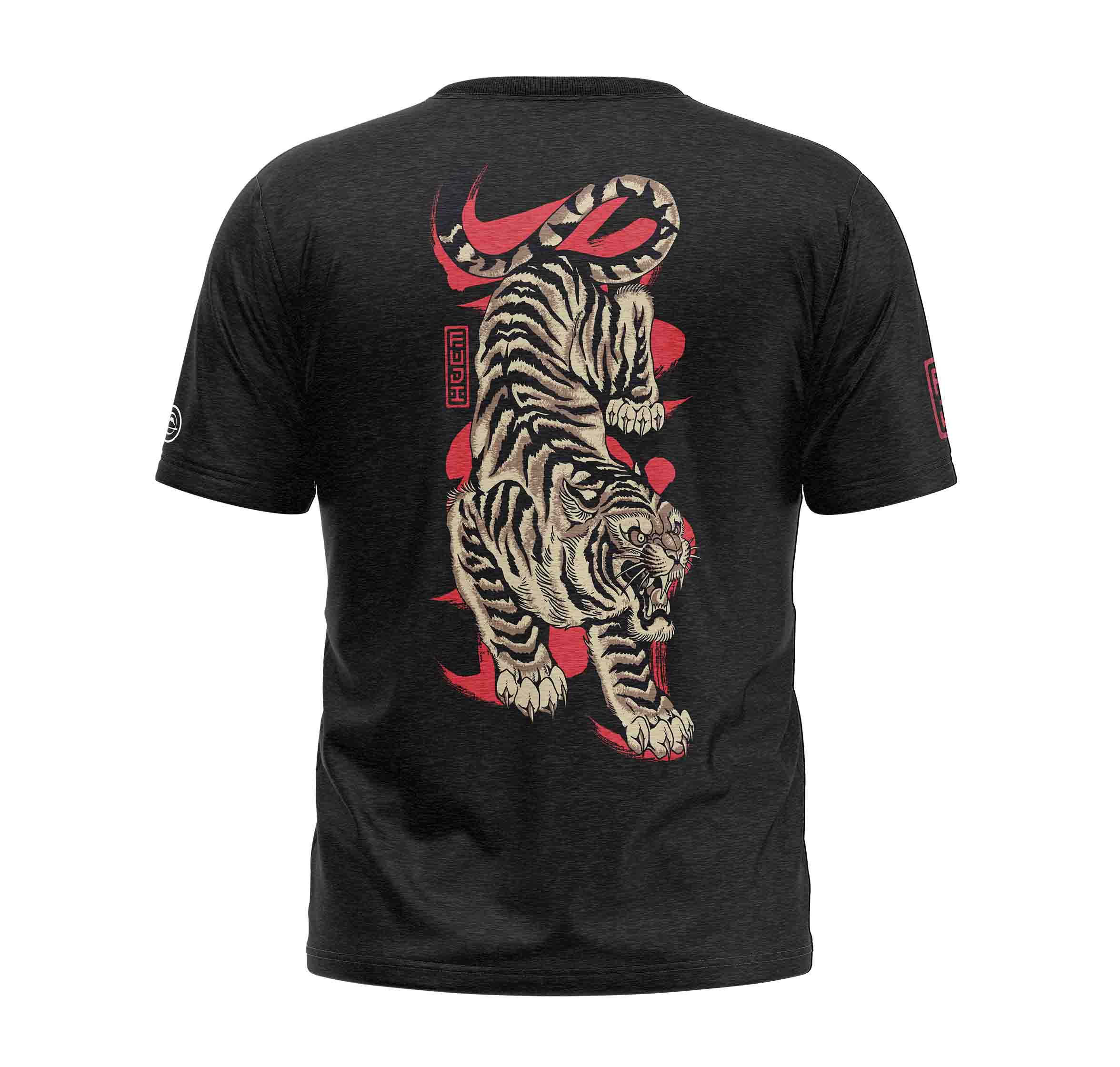 The Tora T-Shirt Black features a large, detailed graphic of a roaring tiger leaping downward on the back, accented with bold red brush strokes and stylized text.