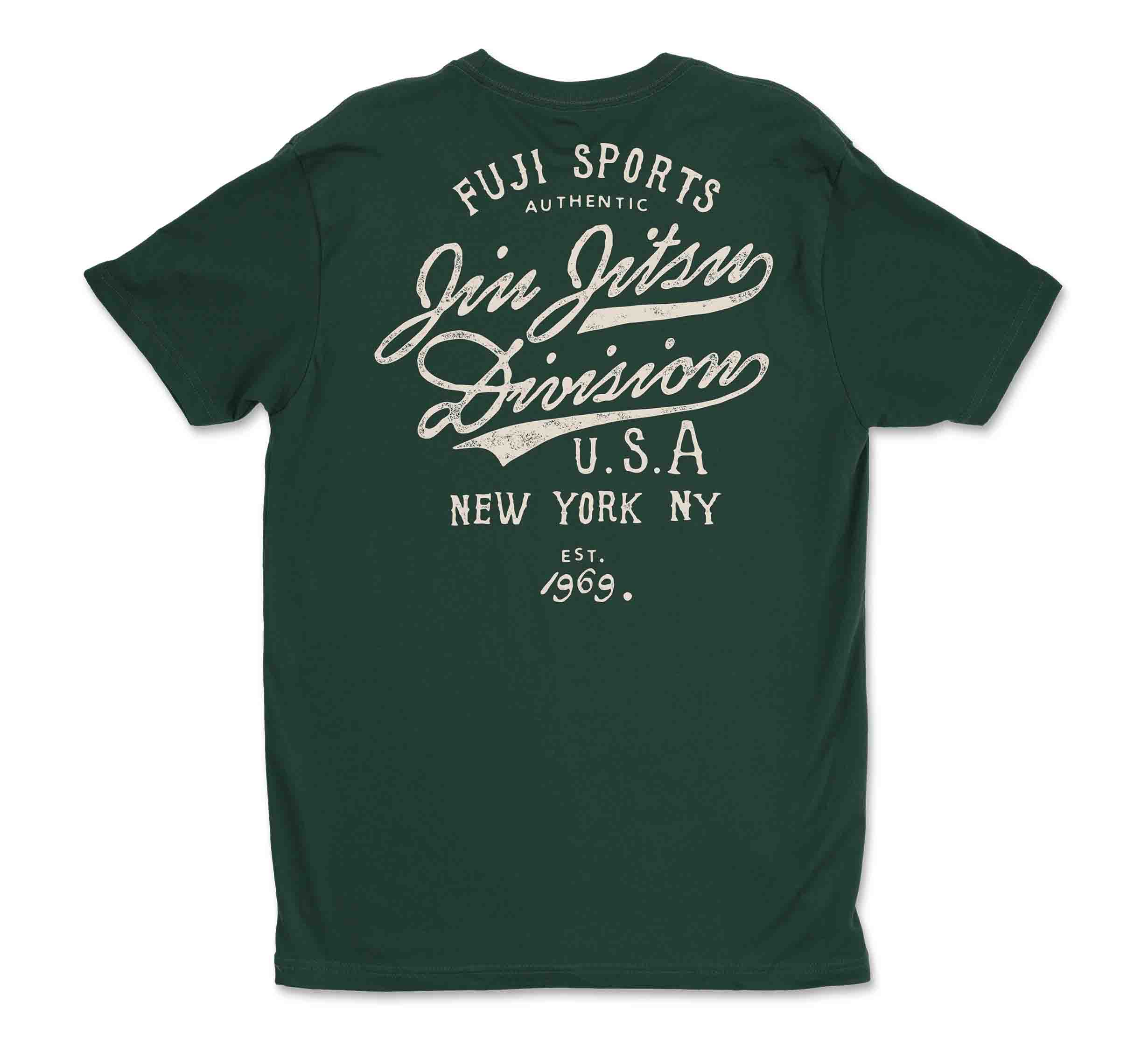 The Kids Jiu Jitsu Flow T-Shirt Green features vintage-style white text: Fuji Sports Authentic Jiu Jitsu Division U.S.A. New York, NY Est. 1969 on a dark green fabric.