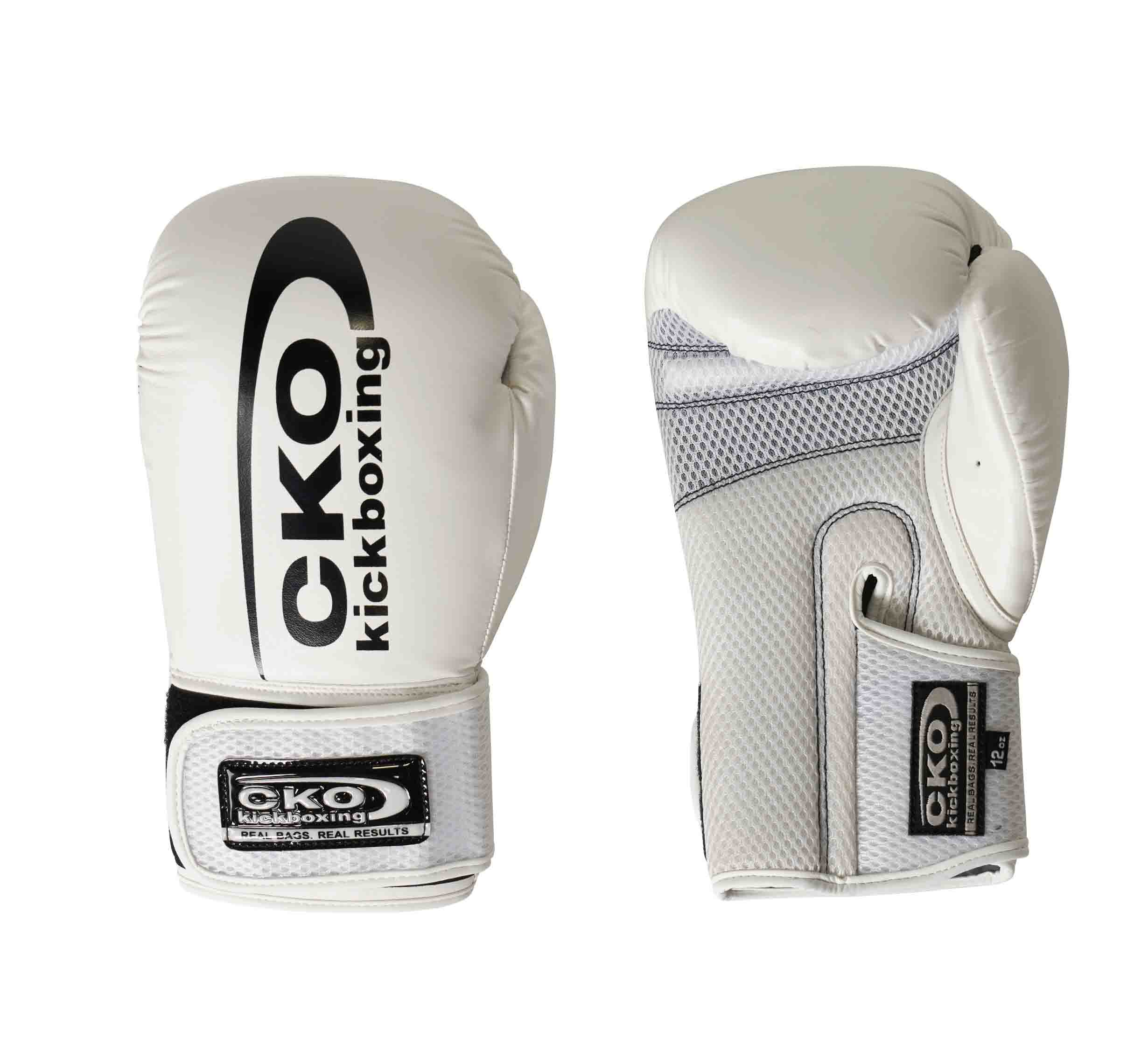 Two CKO Baseline Gloves White are displayed—one palm up, one palm down. Both feature Velcro straps and black CKO Kickboxing logos on the wrist and back of the glove.