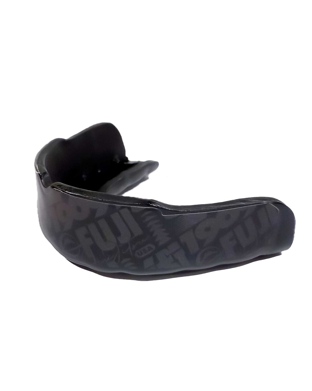 The FUJI Quick Fit Mouth Guard with case – Shadow Stealth is a black sports mouthguard featuring “FUJI” and gray patterns on the front, displayed on a white background.