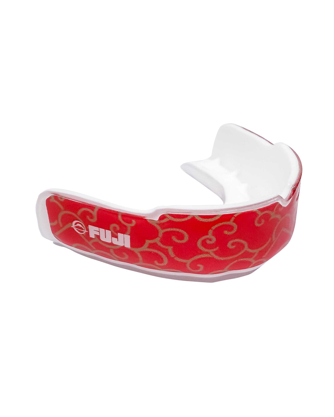 The FUJI Quick Fit Mouth Guard with case – Red Gold Cloud is shown at an angle, featuring a red and gold swirling design with a white inner lining that highlights its curved shape.