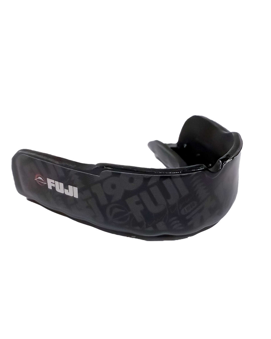The FUJI Quick Fit Mouth Guard with case – Shadow Stealth is a black, curved mouthguard designed for athletic protection, featuring the white FUJI logo and subtle surface patterns.