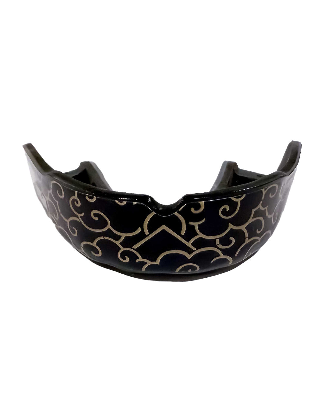 The FUJI Quick Fit Mouth Guard with case in Black Gold Cloud features gold swirl patterns on black and is displayed against a white background.
