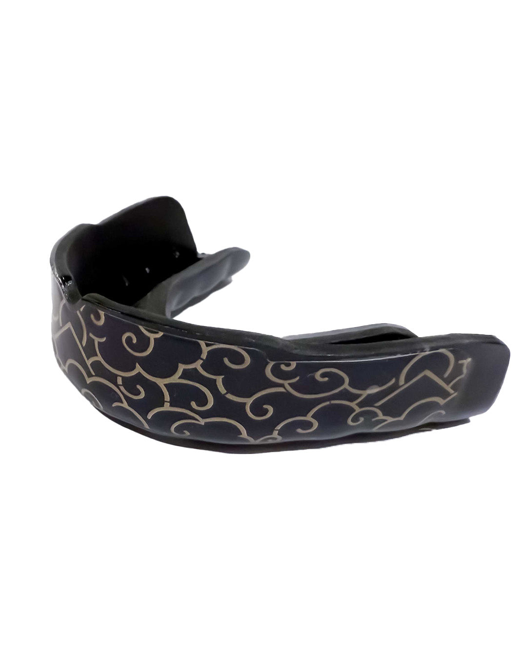 The FUJI Quick Fit Mouth Guard with case – Black Gold Cloud features a black design with a gold swirling cloud pattern, displayed on a white background.