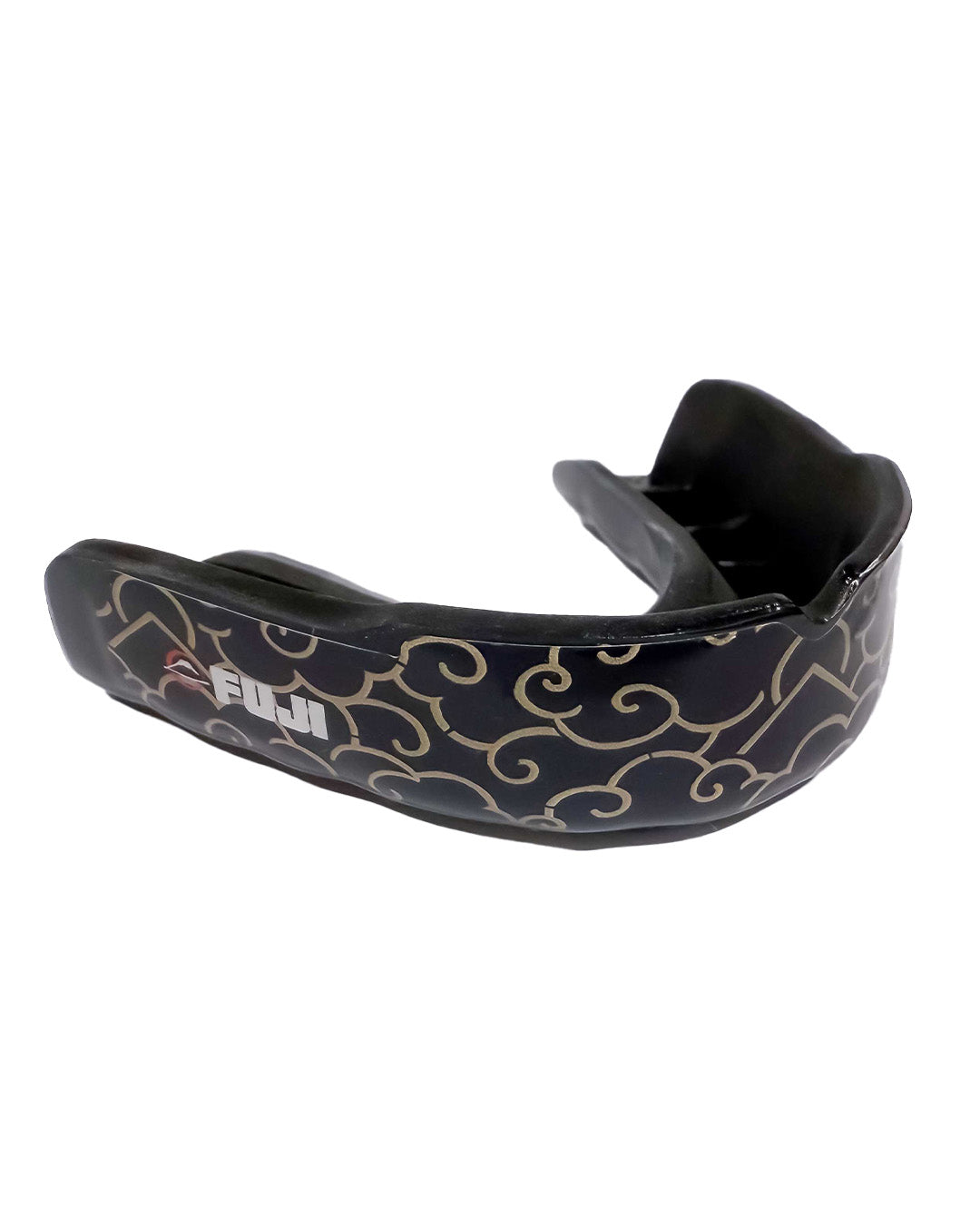 The FUJI Quick Fit Mouth Guard with case – Black Gold Cloud features black and gold cloud patterns with a white FUJI logo, displayed on a white background.